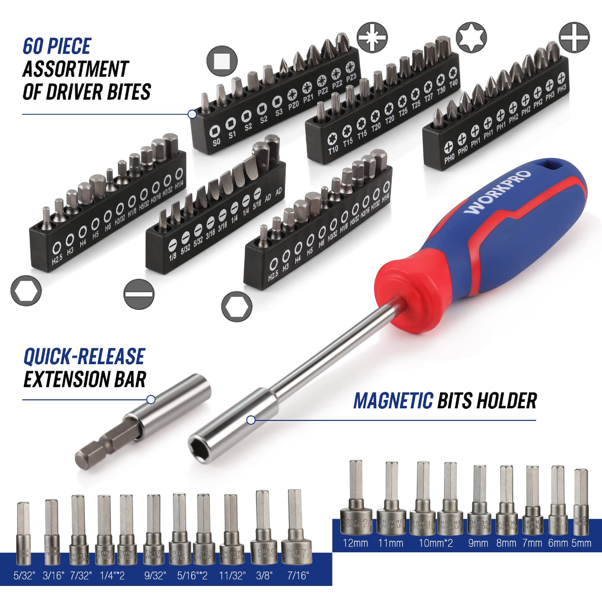 Driver bit assortment with quick-release extension bar and magnetic bits holder, 60 pieces
