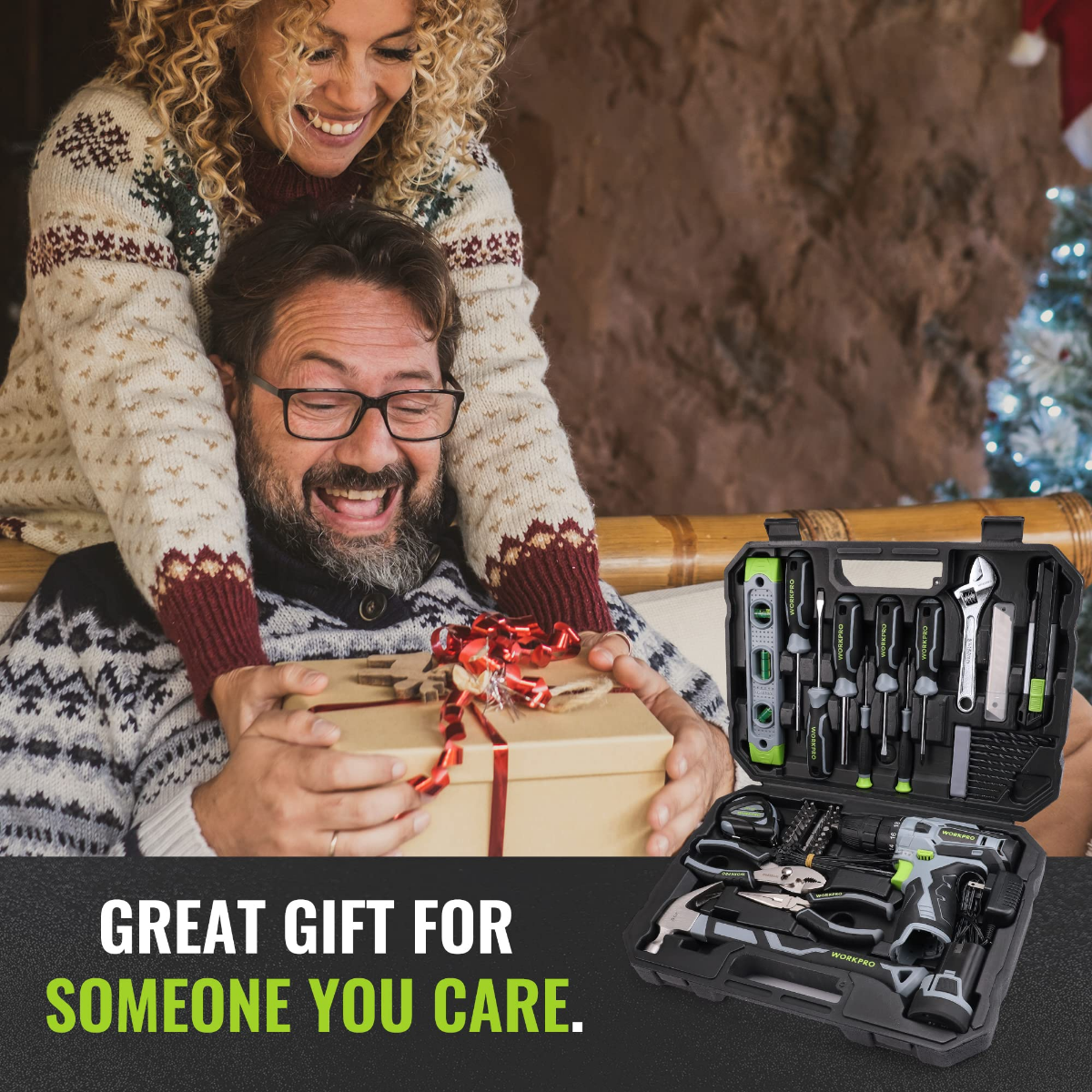 Cordless drill and 108-piece tool set in storage case beside a gift box