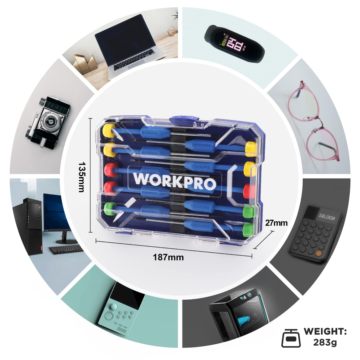 Precision screwdriver set case with dimensions and weight infographic details