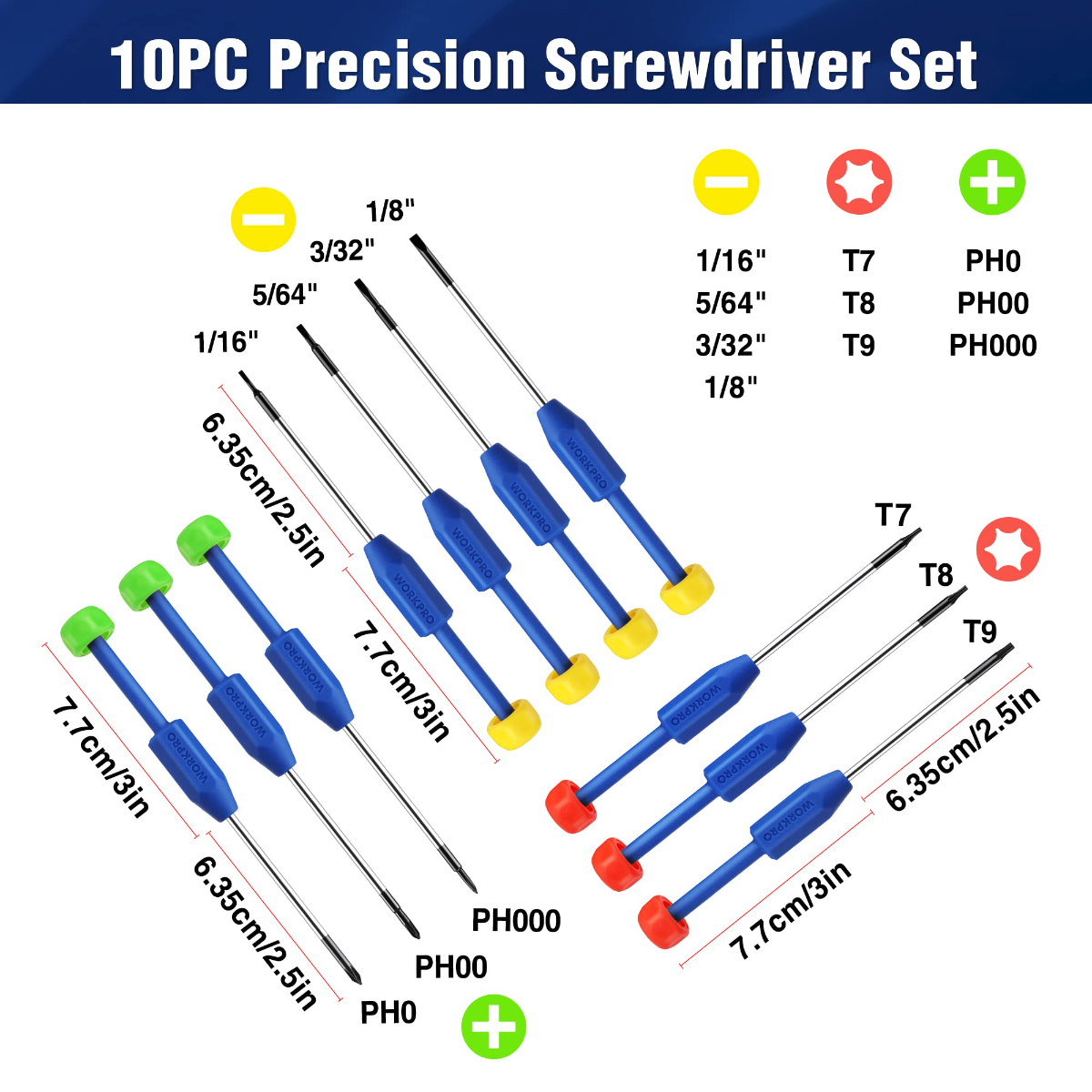 10-piece precision screwdriver set with labeled bit sizes in a size chart