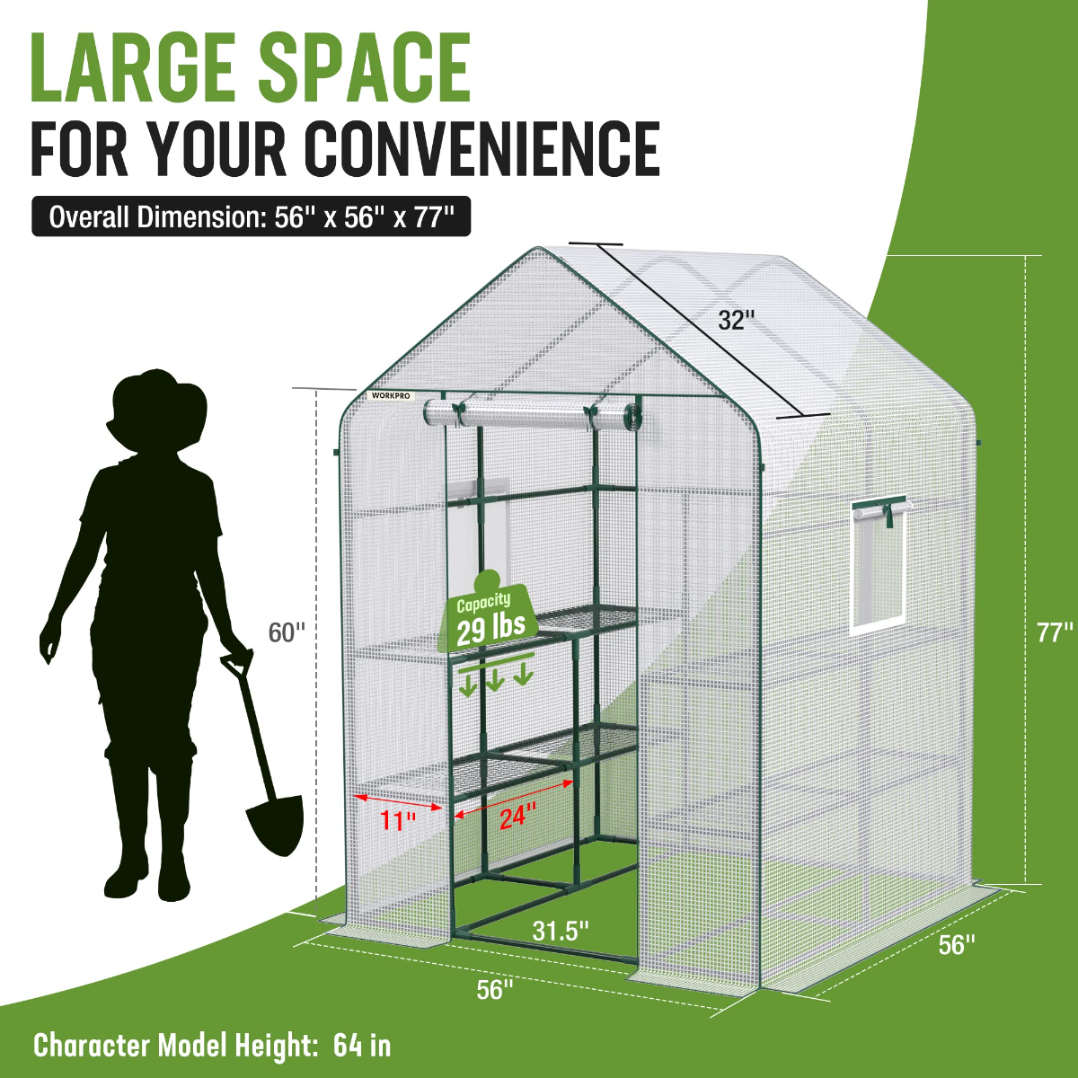 Portable walk-in greenhouse with mesh cover and green frame, size and capacity diagram