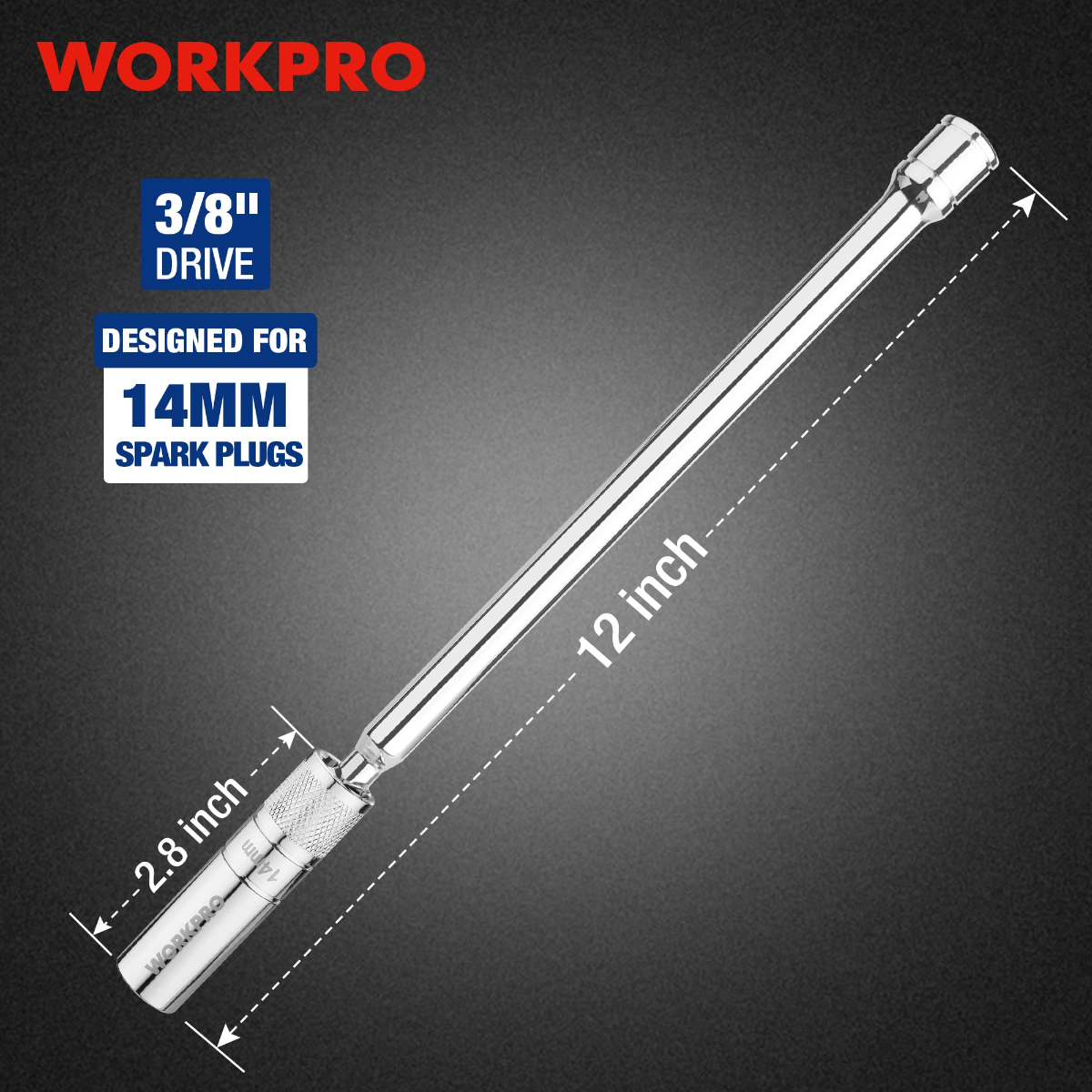 Thin-wall 14mm spark plug socket with 3/8" drive, long 12-inch extension, swivel head