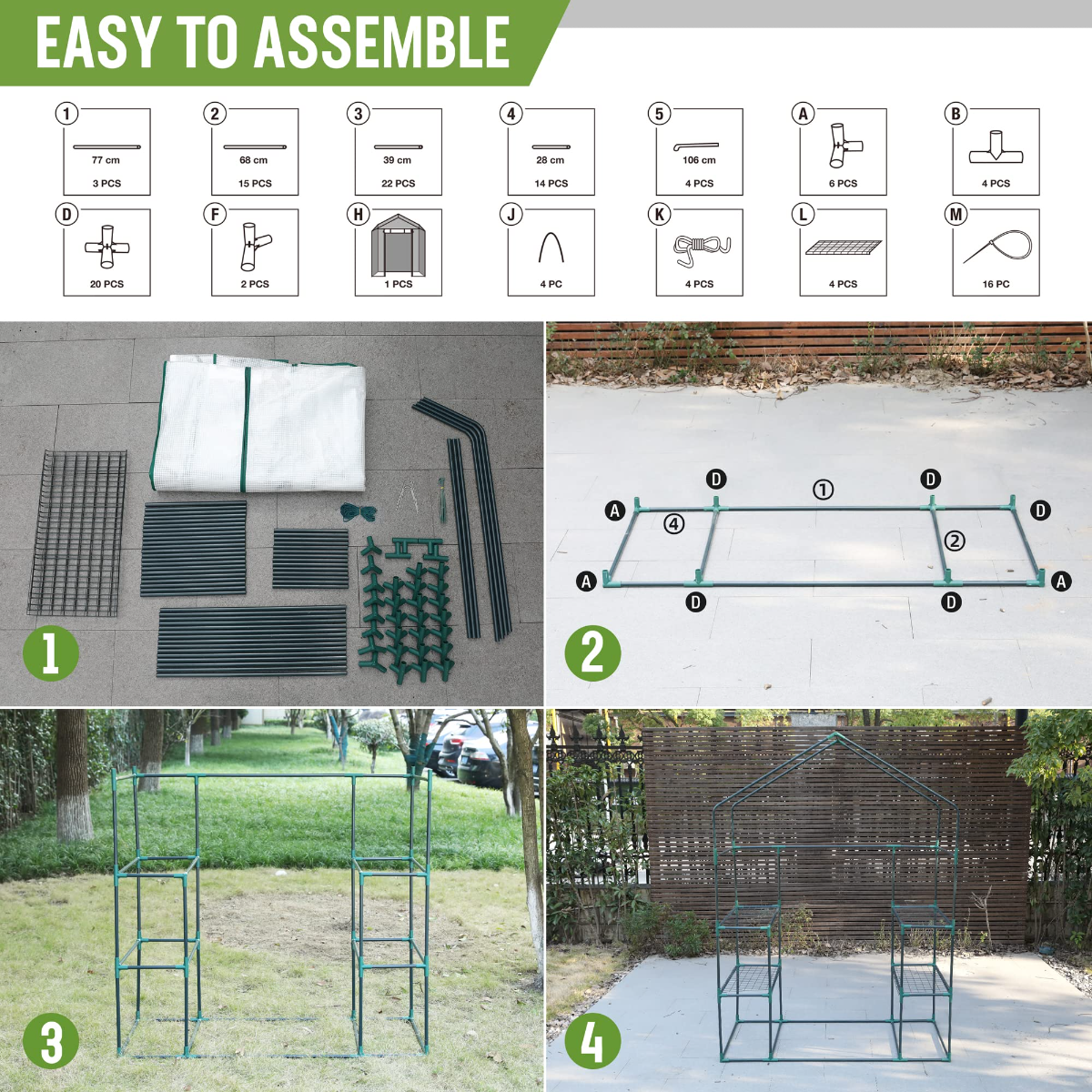 Portable mini walk-in greenhouse assembly diagram with metal frame and cover pieces