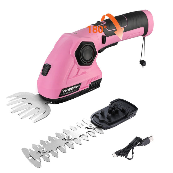 WORKPRO Pink 2 in 1 Handheld Hedge Trimmer 7.2V Electric Grass Trimmer/Hedge Shears
