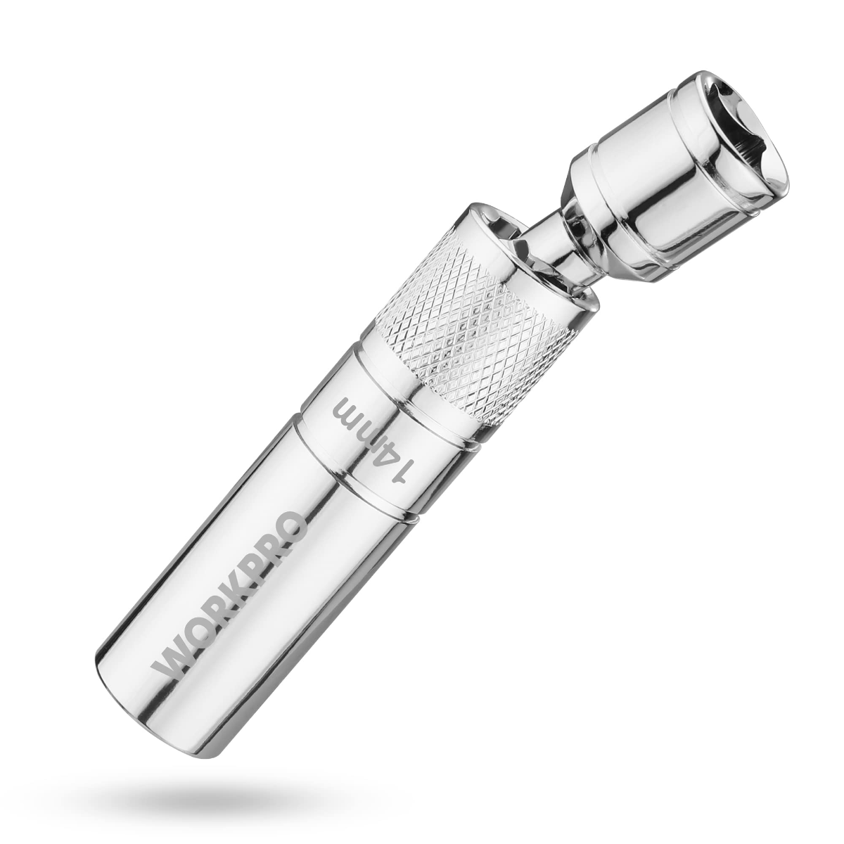 Chrome-silver 14mm thin-wall spark plug socket with knurled grip and swivel head