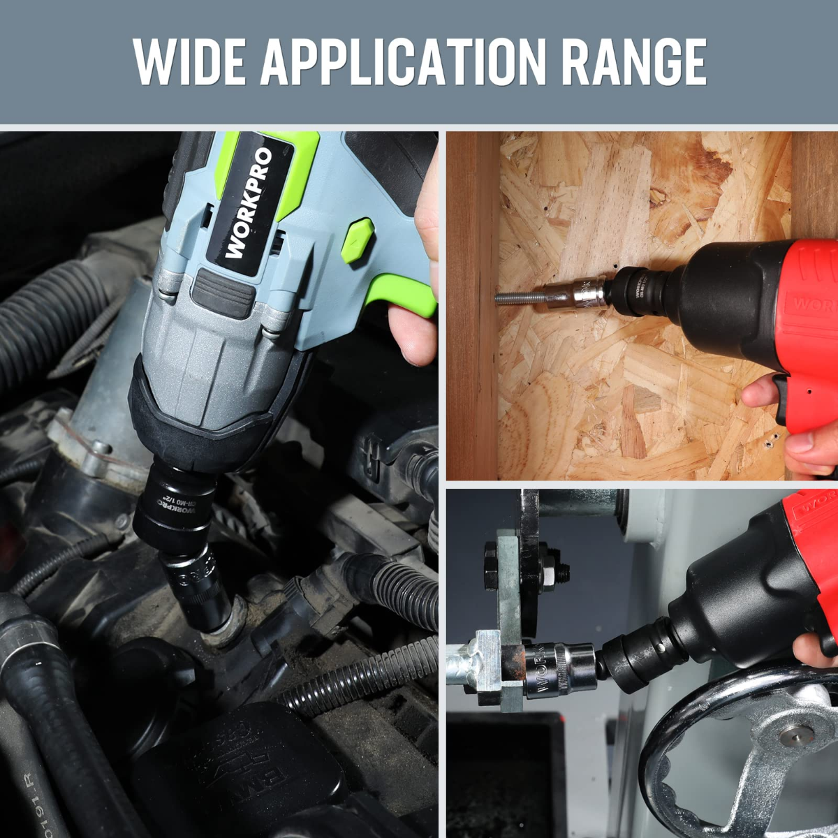Universal joint socket attached to an impact driver in use on wood and metal