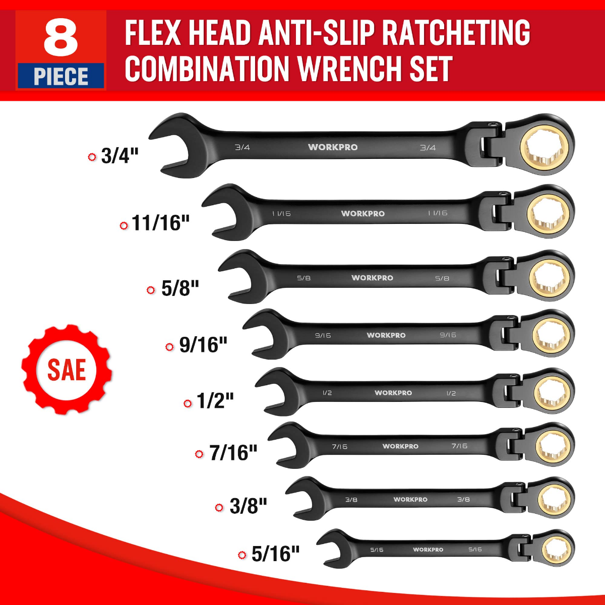 Set of 8 flex-head anti-slip ratcheting combination wrenches with sizes listed