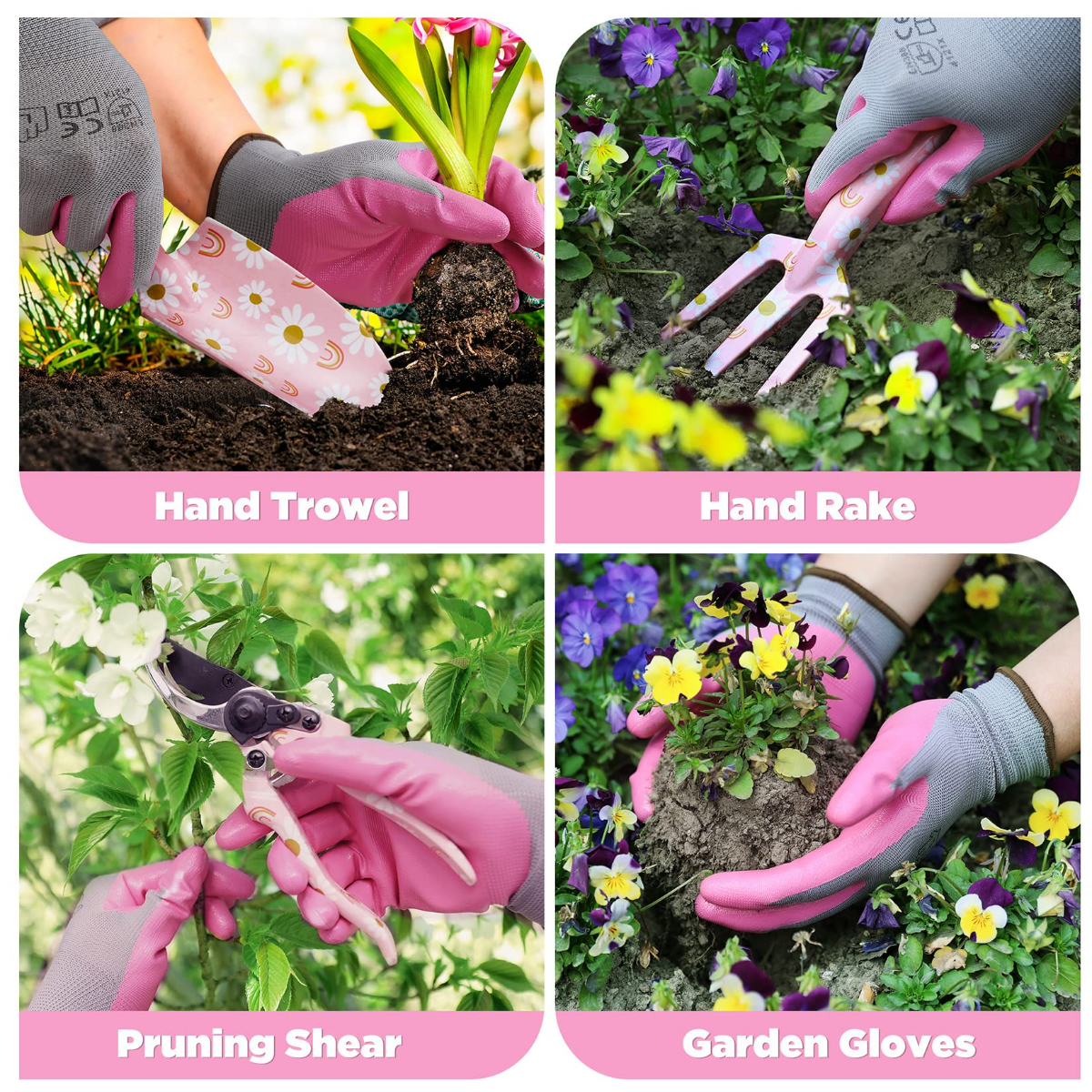 Gardening tool set: pink floral hand trowel, hand rake, pruning shears, and gloves