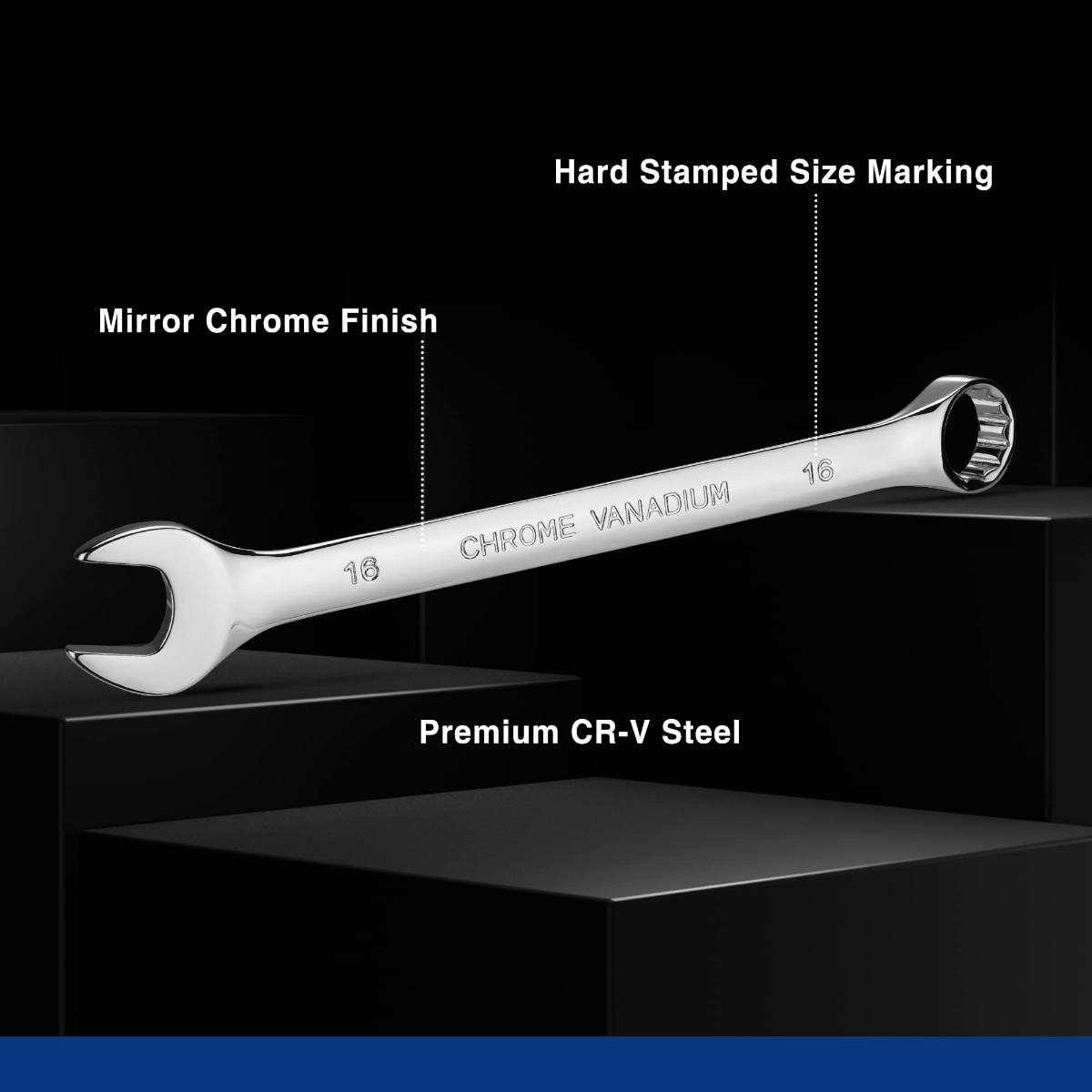 Mirror-chrome combination wrench with stamped size marking, CR-V steel