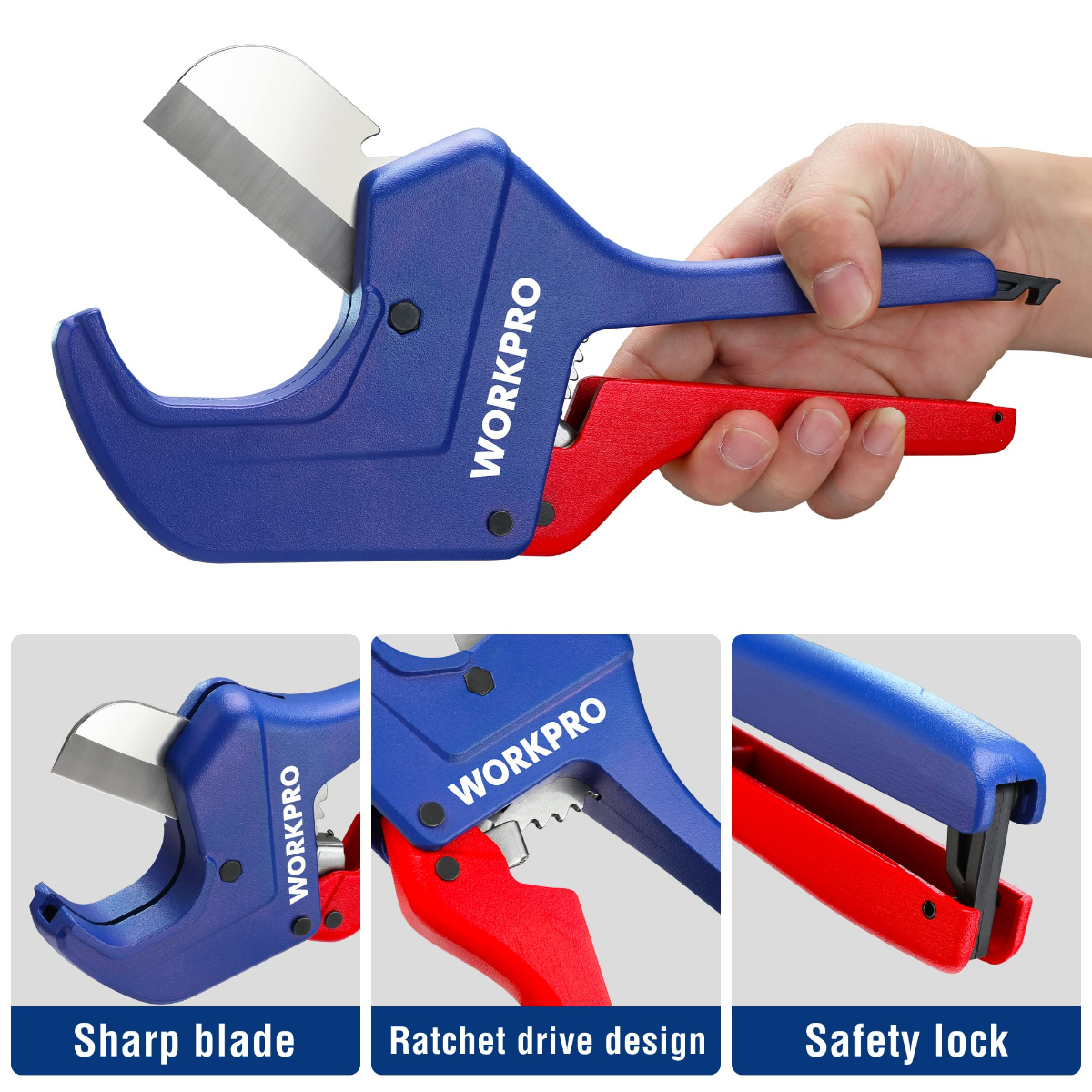 Blue ratchet pipe cutter with red handle, featuring sharp blade and safety lock