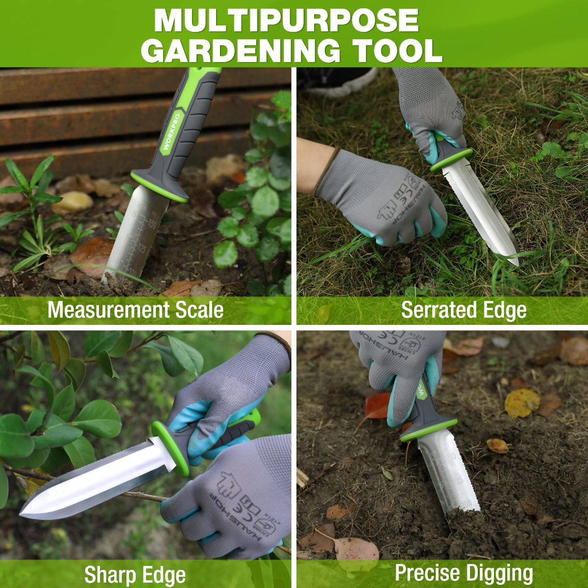Multipurpose garden knife with green handle, stainless blade with measurement marks