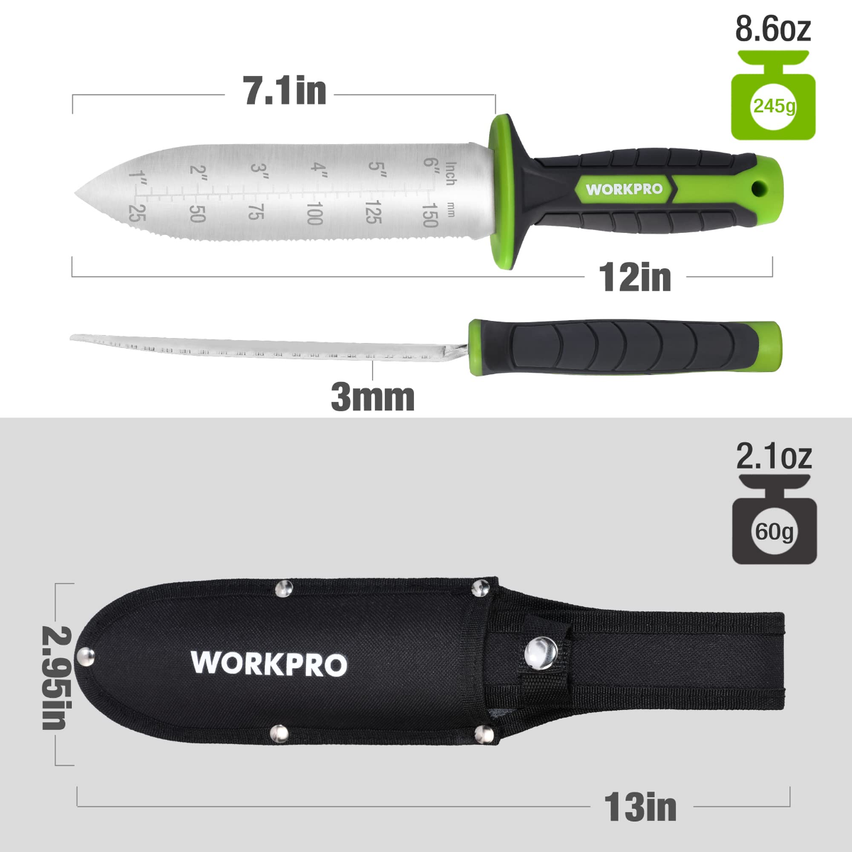 WORKPRO garden knife size chart: 7.1 in blade with 12 in handle and black sheath