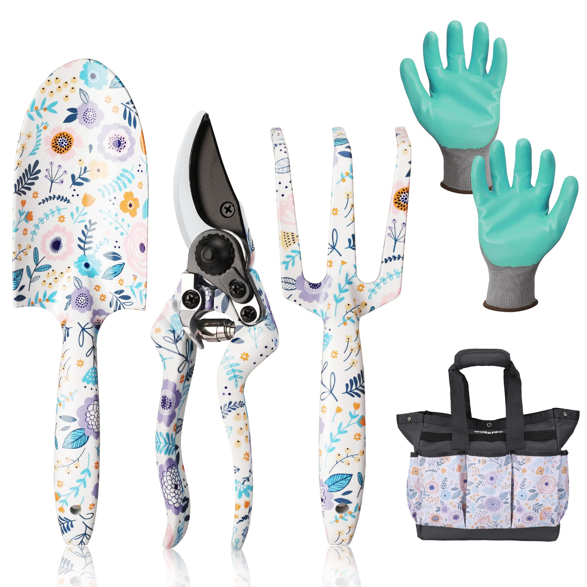 Garden tool set: pruning shears, cultivator, trowel, floral gloves, and carrying bag