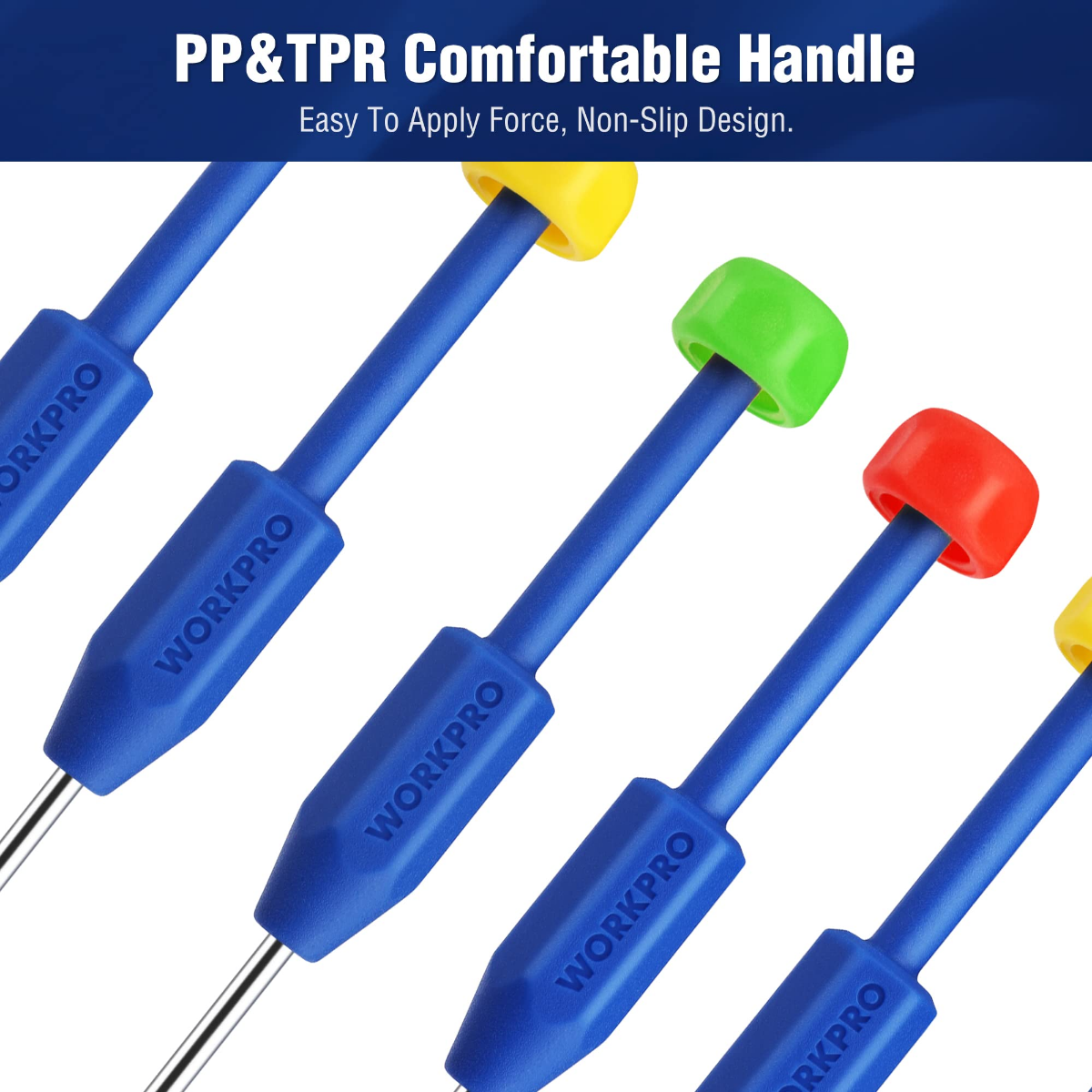 Blue precision screwdriver set handles with colored grips and steel shafts
