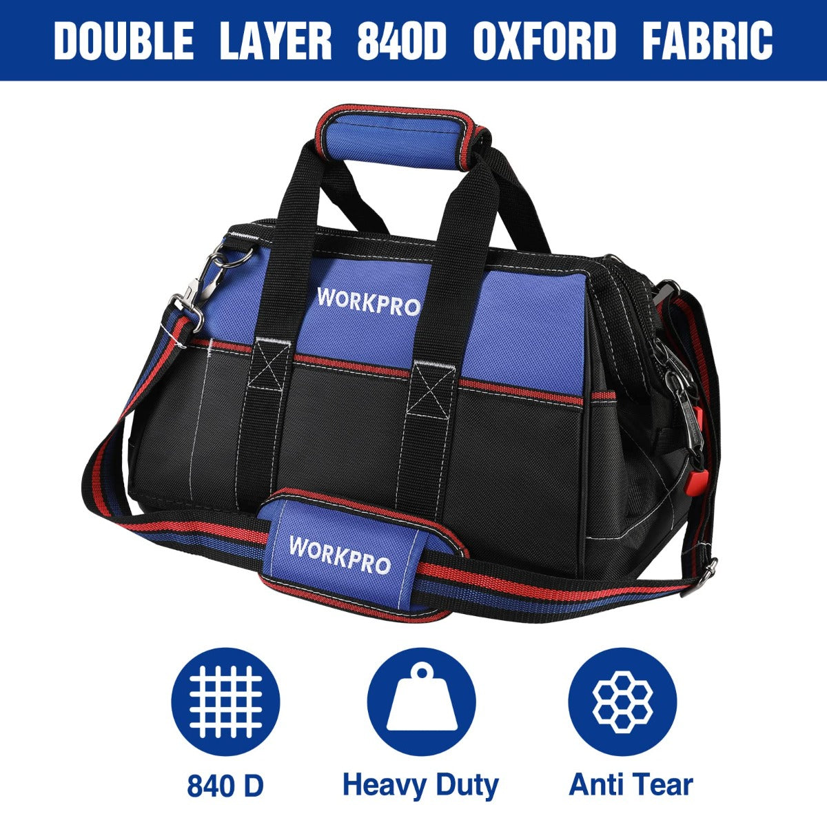 WORKPRO tool bag in black with blue front panels and red trim, double-layer fabric