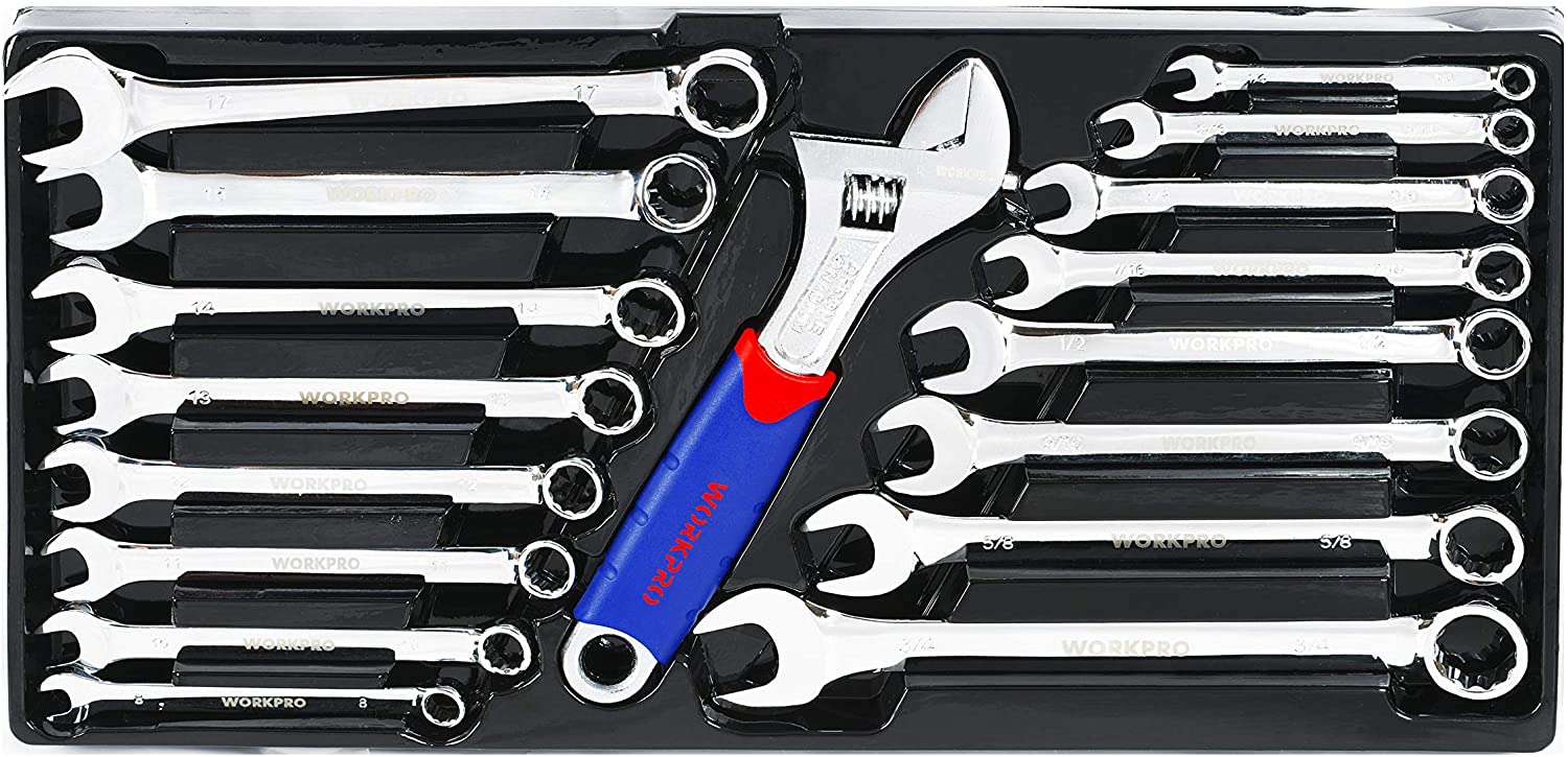 Open tool tray with chrome wrenches and hex sockets on a black base