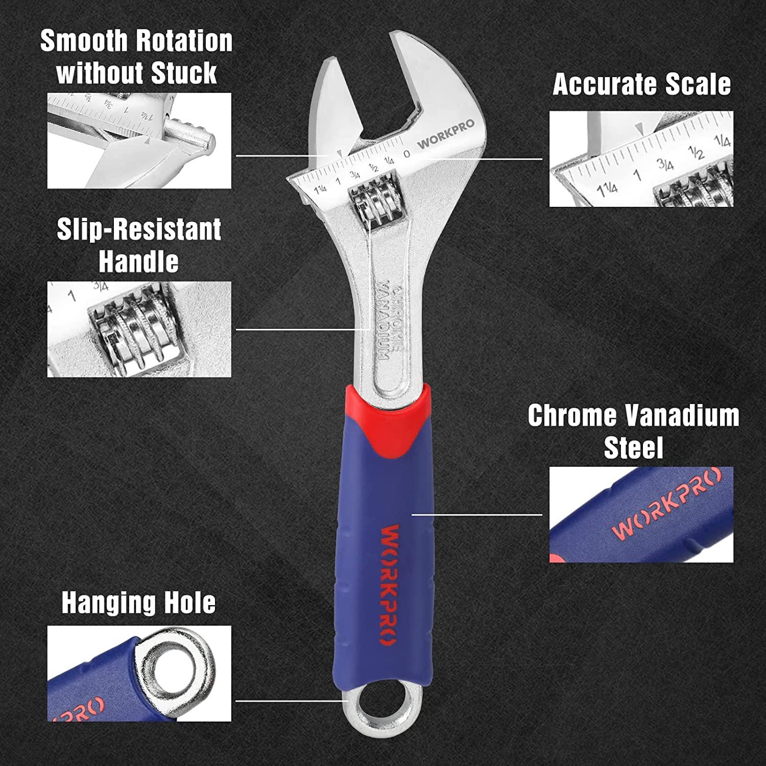 WORKPRO adjustable wrench with silver jaw scale, blue handle and red rubber grip