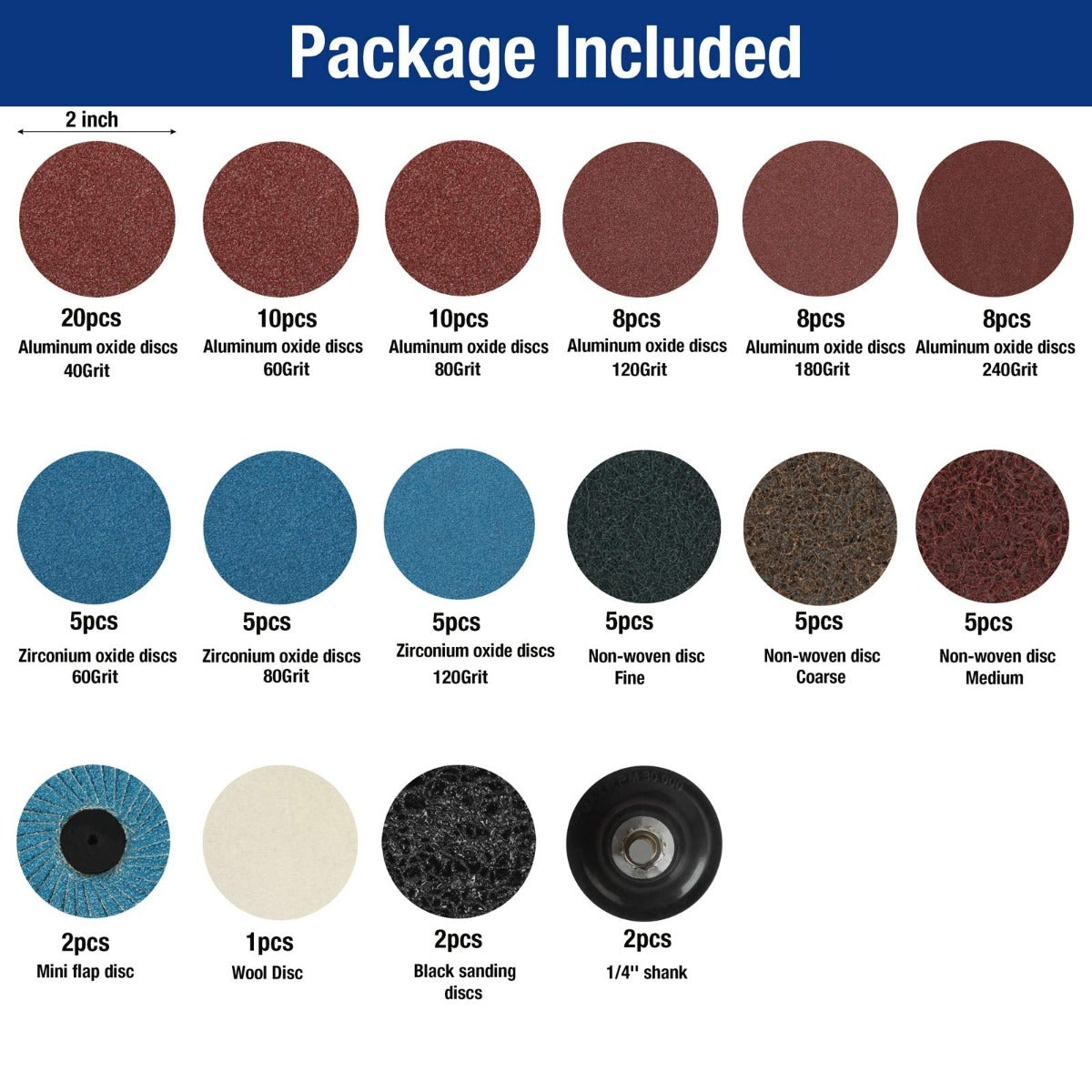 Package included chart showing sanding discs, flap discs, wool disc, and 1/4-inch shank