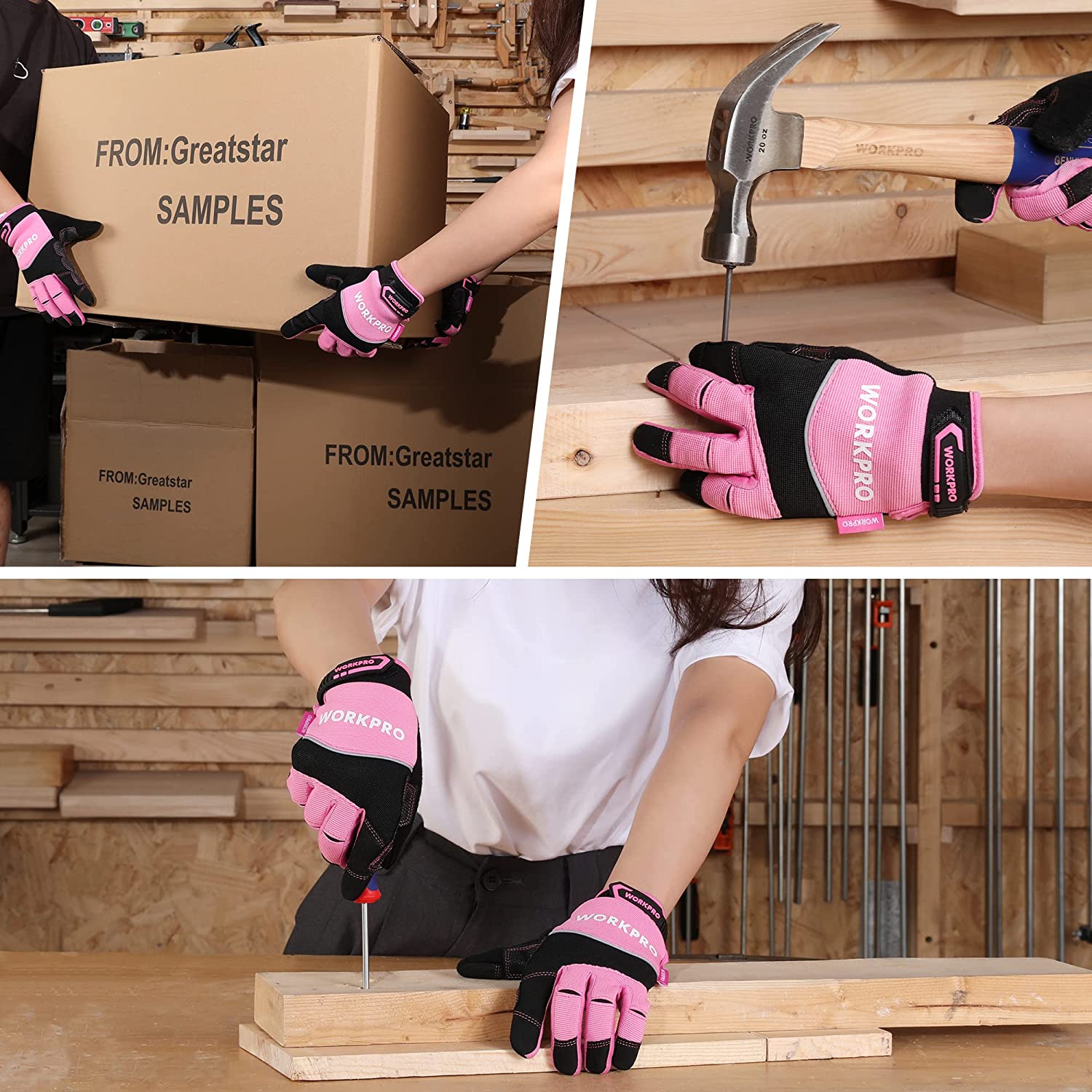 WORKPRO work gloves in pink and black on hands, gripping a tool handle