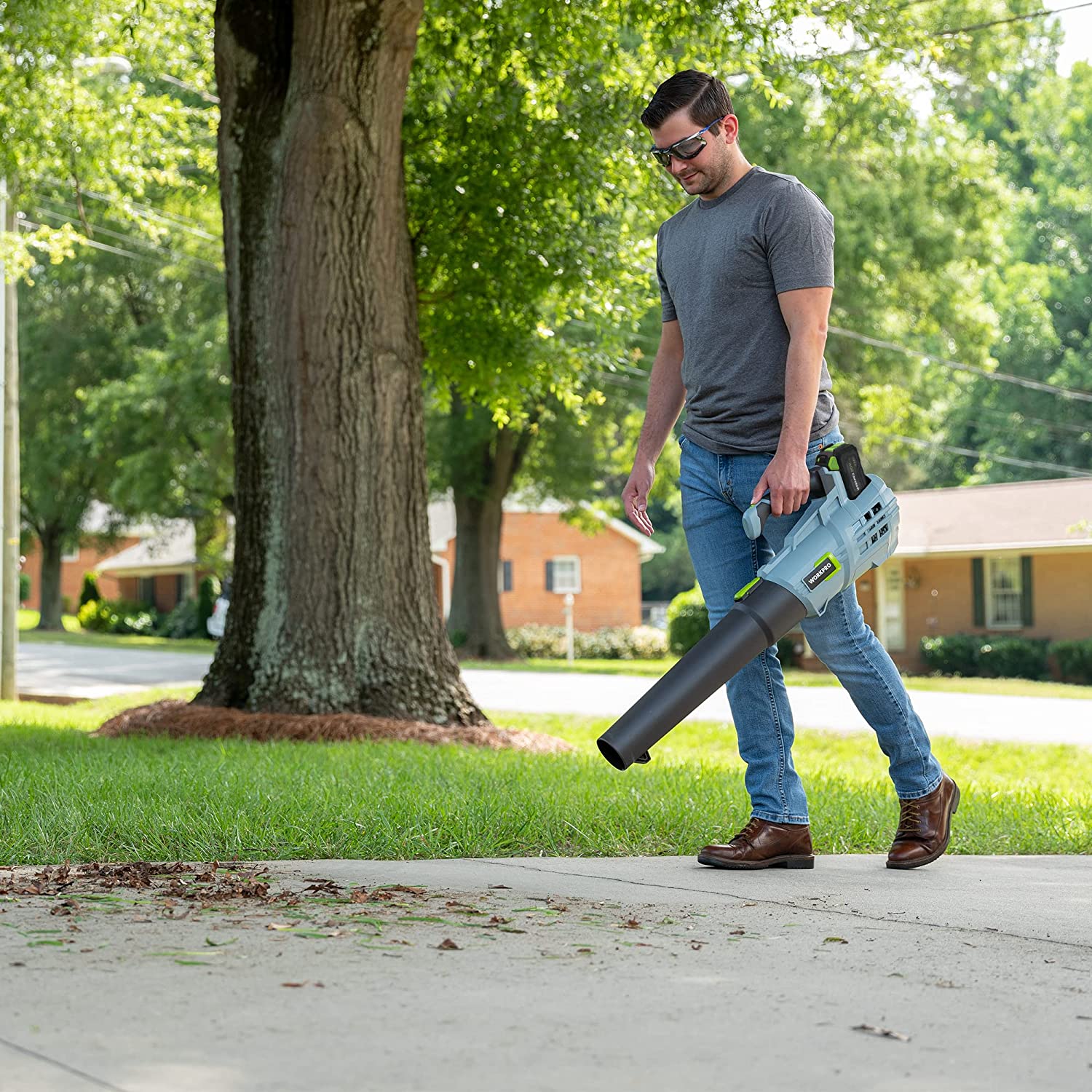 Cordless leaf blower with black tube, clearing leaves along sidewalk near trees