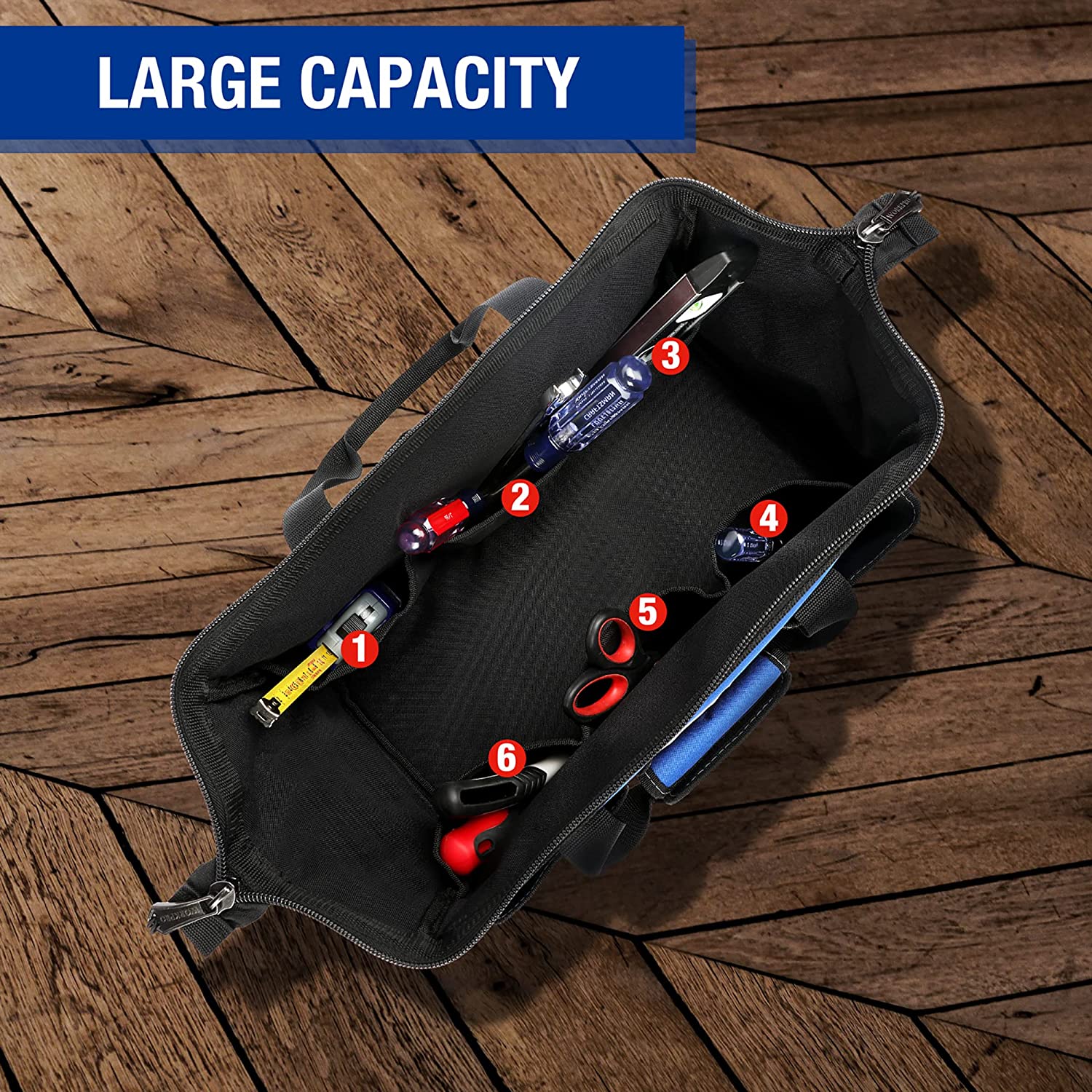Black tool bag with blue interior panel and multiple organizer pockets for tools