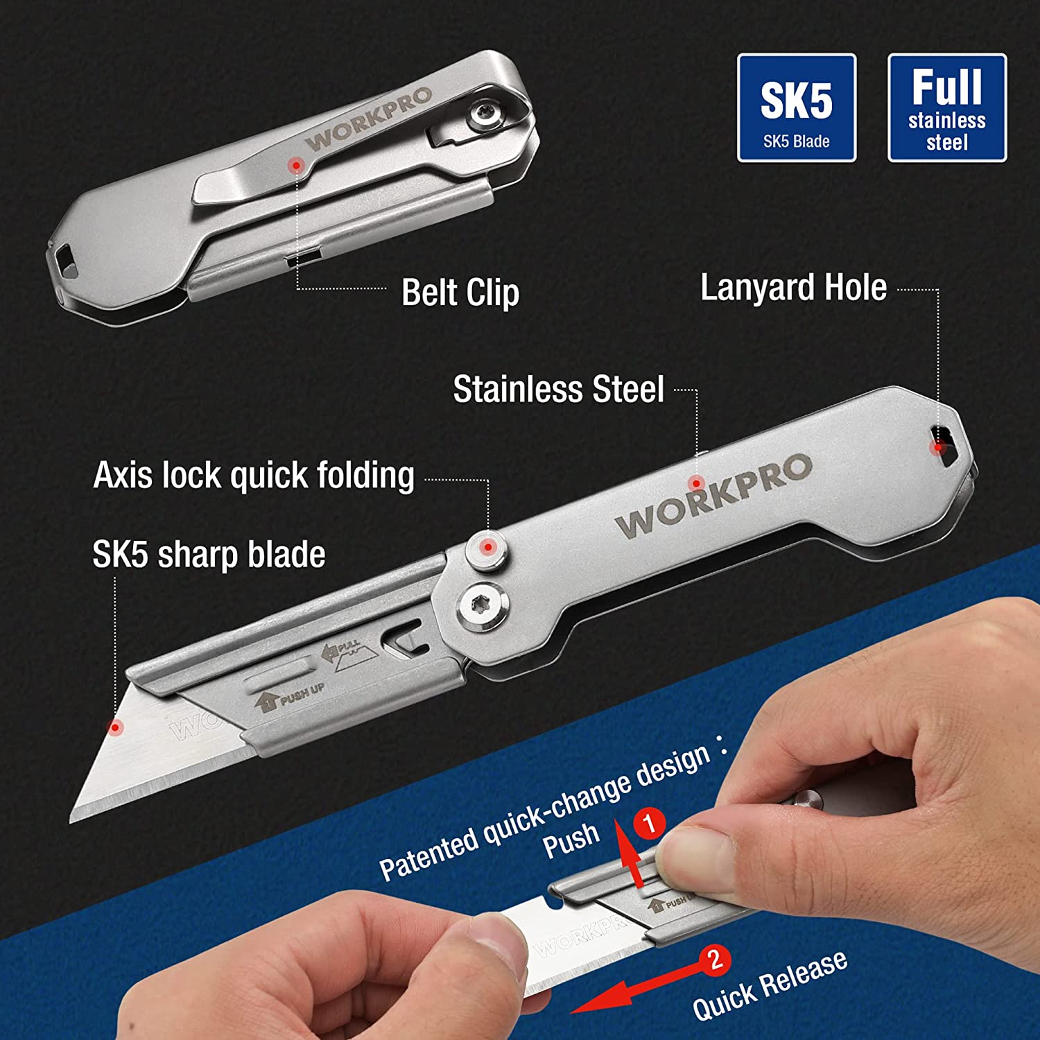Folding utility knife with belt clip, lanyard hole, and stainless steel blade