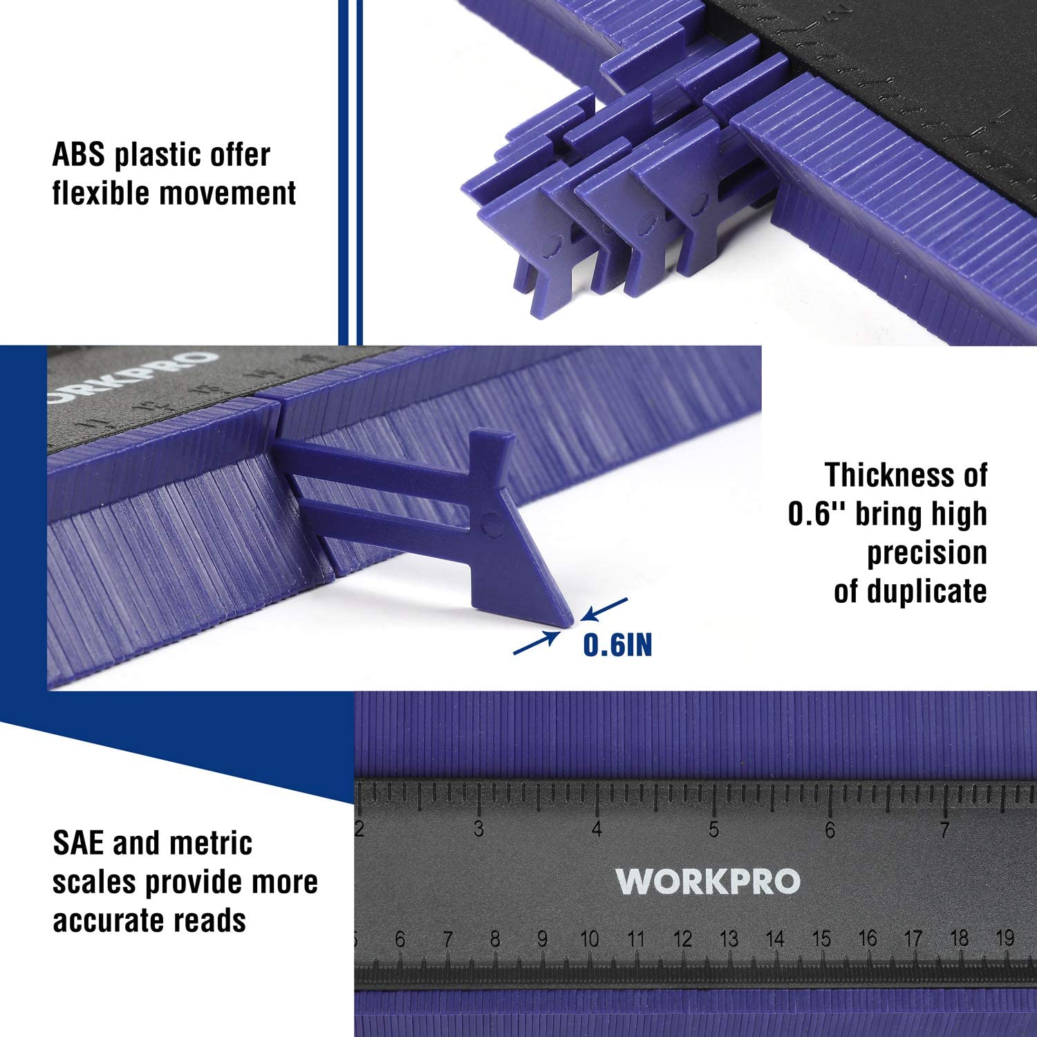 Contour gauge with thick profile, 6-sided spacer, and ruler scale markings