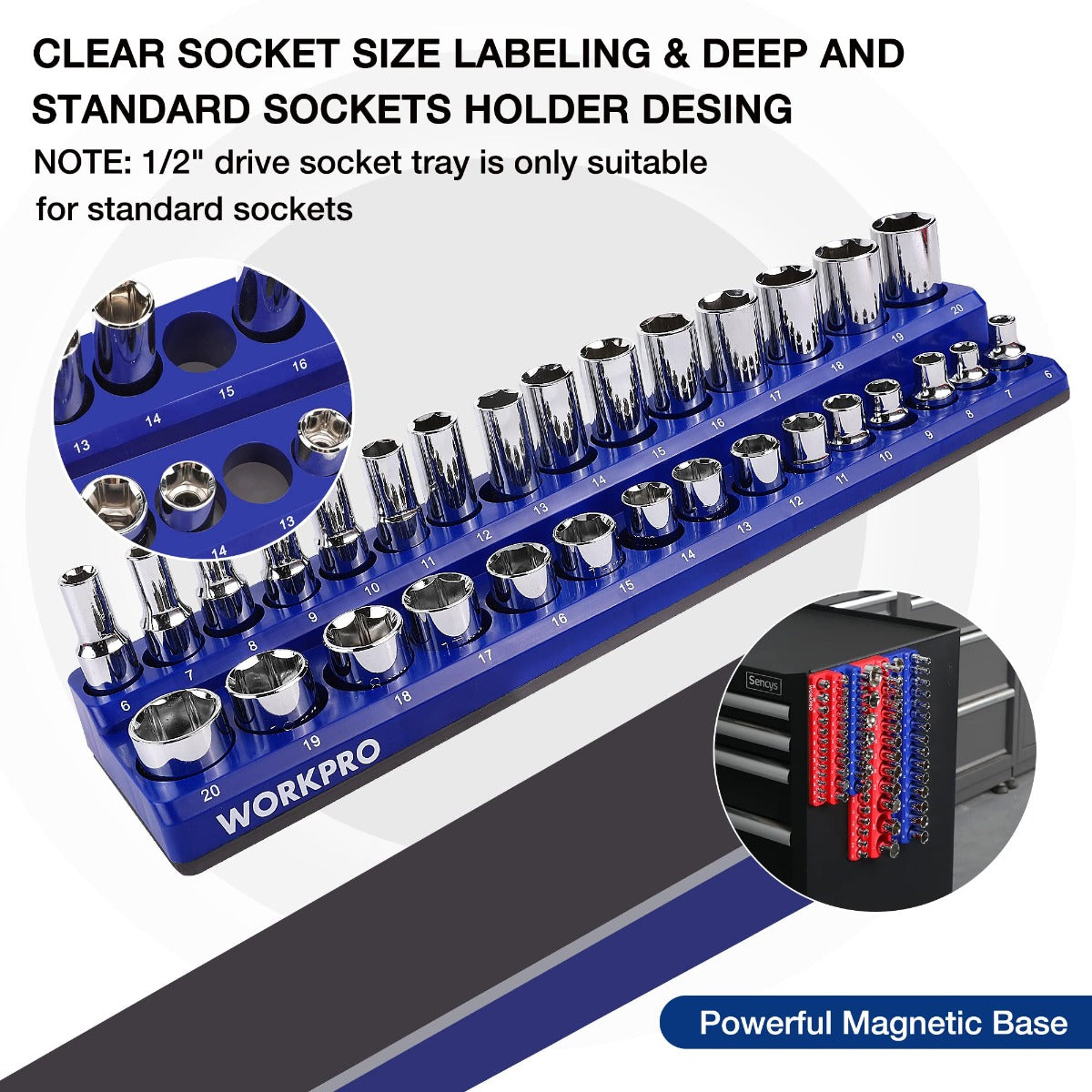 Blue magnetic socket organizer tray with chrome sockets and close-up inset