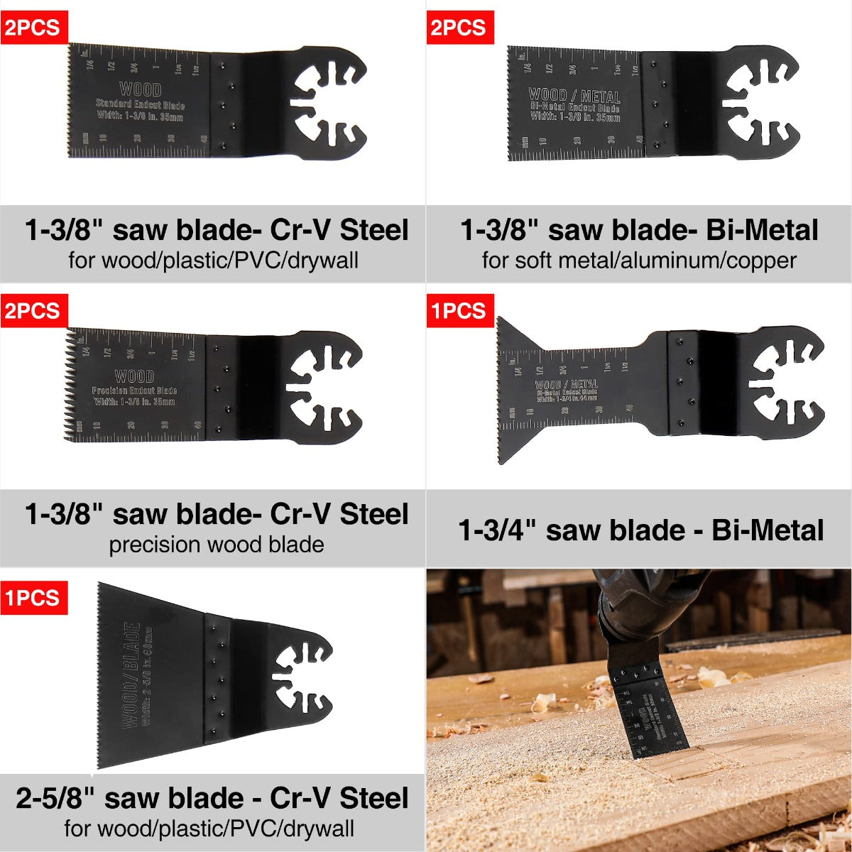 Assorted oscillating saw blades, including Cr-V steel and bi-metal options