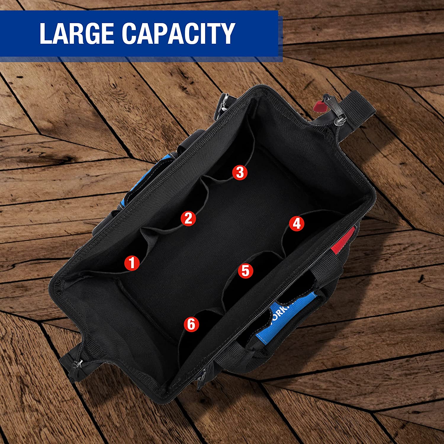 Large capacity black tool bag with blue and red accent pockets and zipper compartments