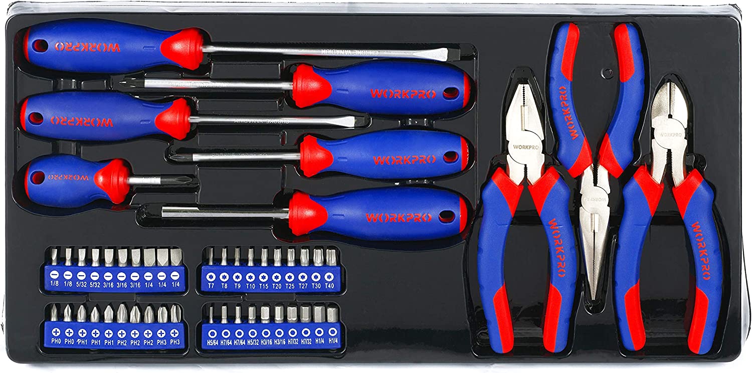 Tool tray with blue-and-red screwdrivers, pliers, and small socket/accessory bits