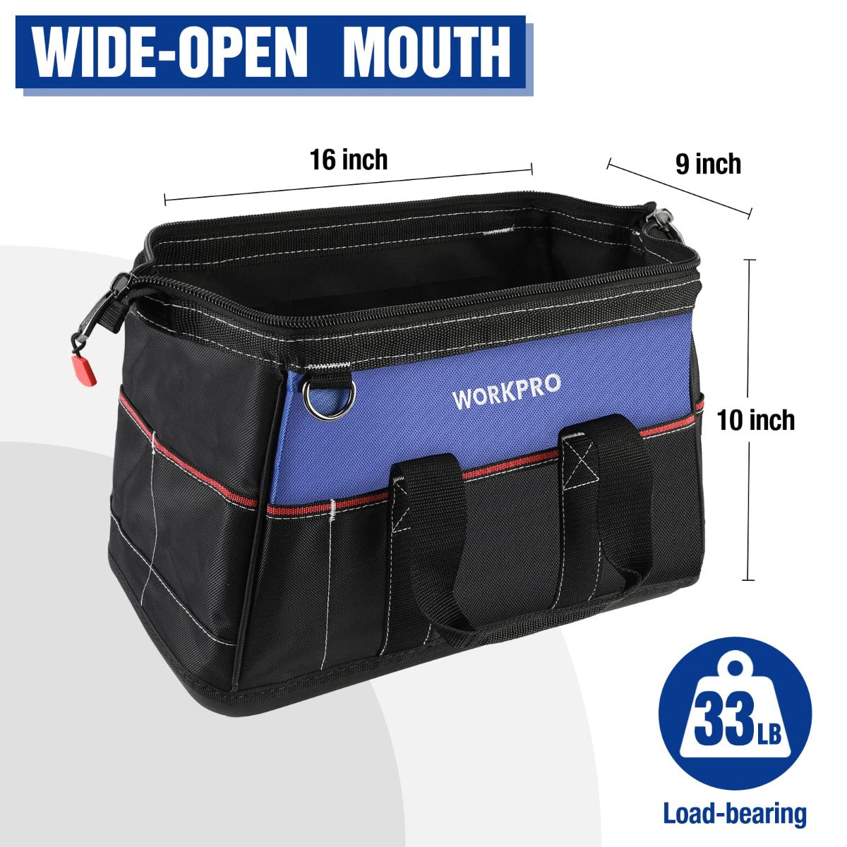 WORKPRO wide-open tool bag, black and blue panels with multiple compartments