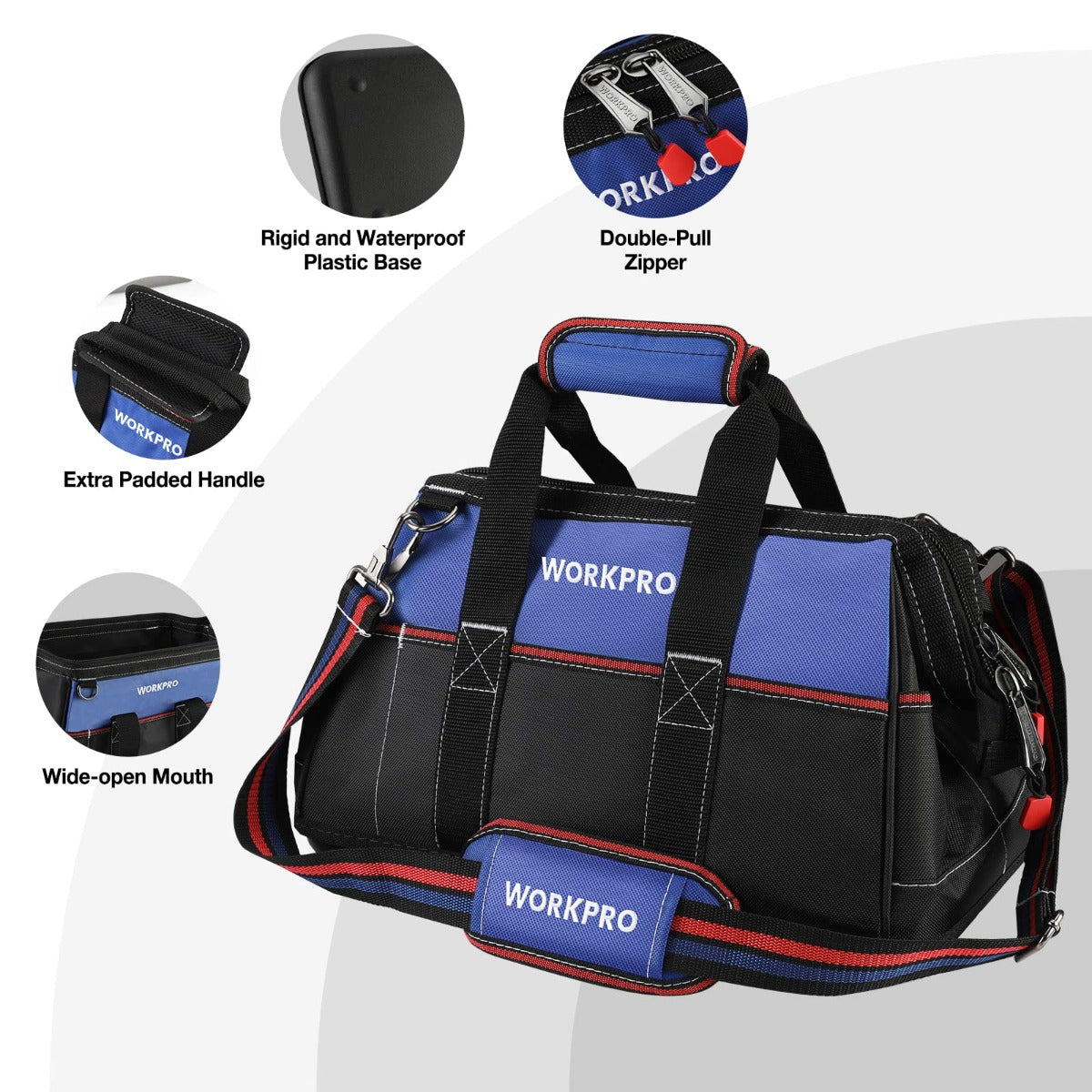 WORKPRO tool bag with rigid waterproof plastic base, blue handle pads, black body