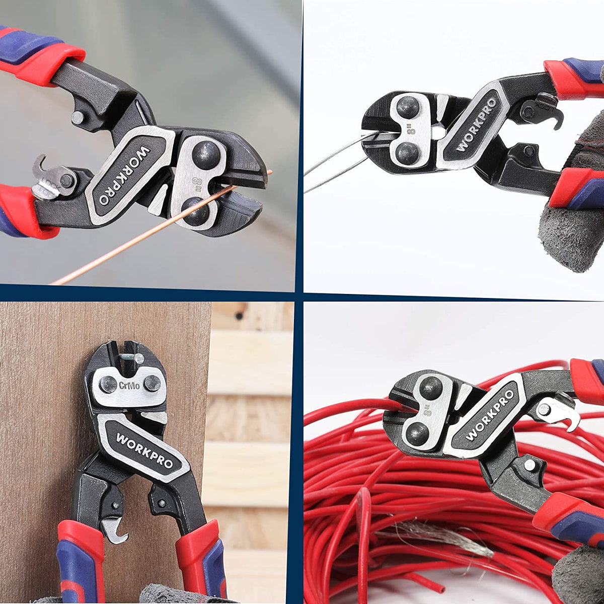 Mini bolt cutter shown cutting wire, black head with red-blue insulated grips