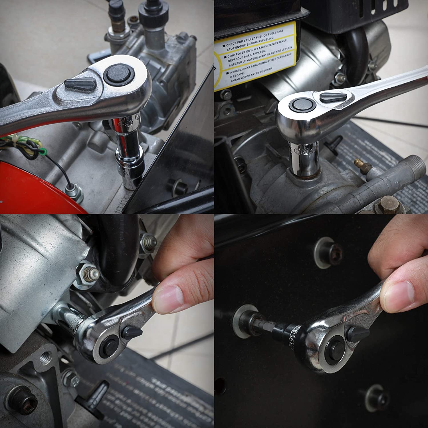 Mechanics socket wrench set installing a bolt on engine components