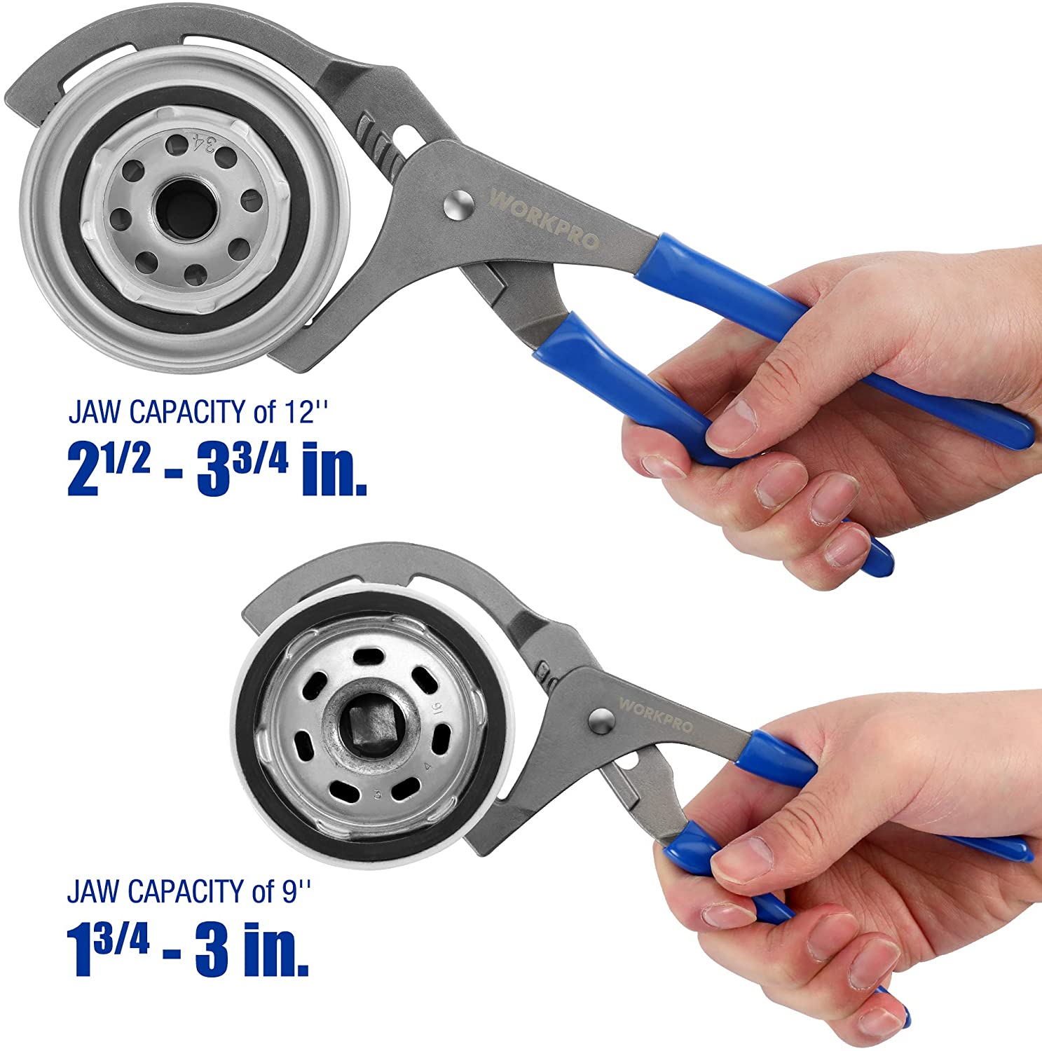 Oil filter wrench pliers with blue handles gripping two oil filter sizes