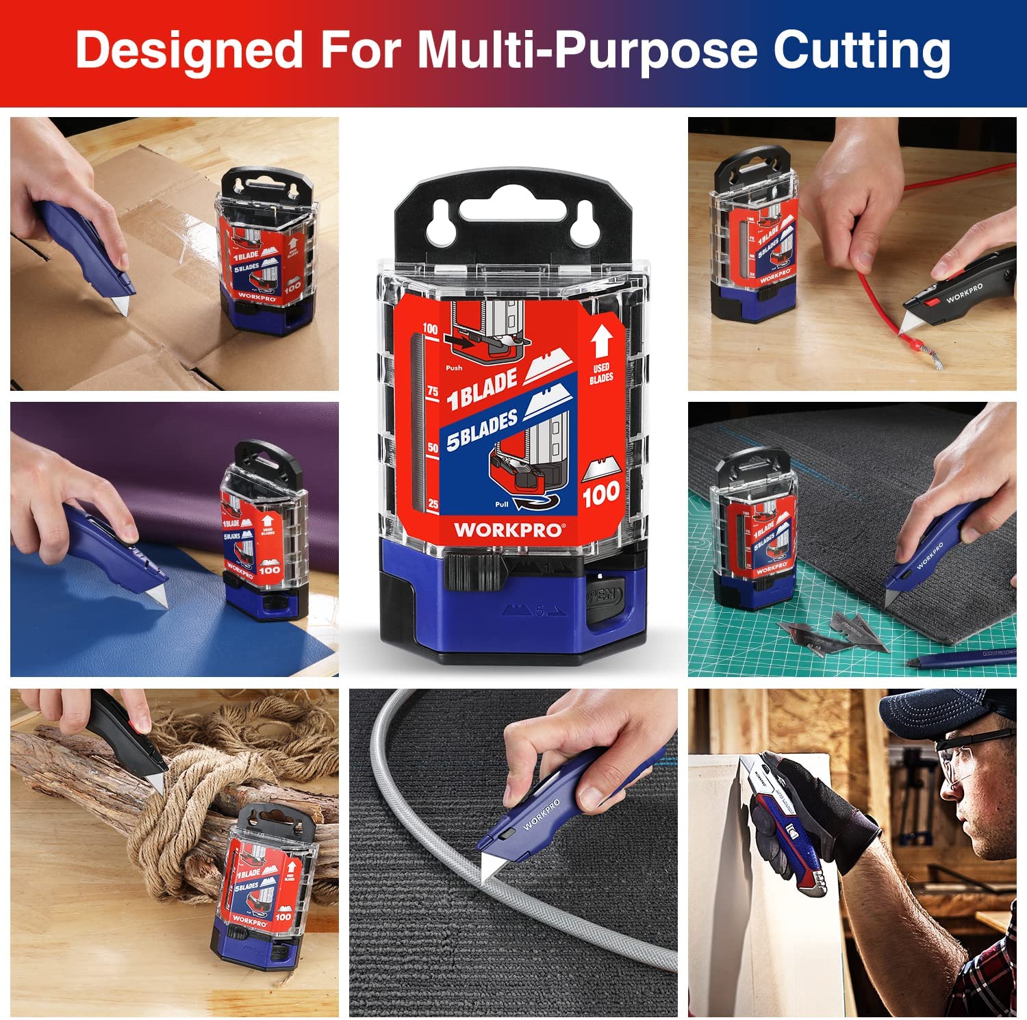 Utility knife blade dispenser for multi-purpose cutting, shown with tool and blade use