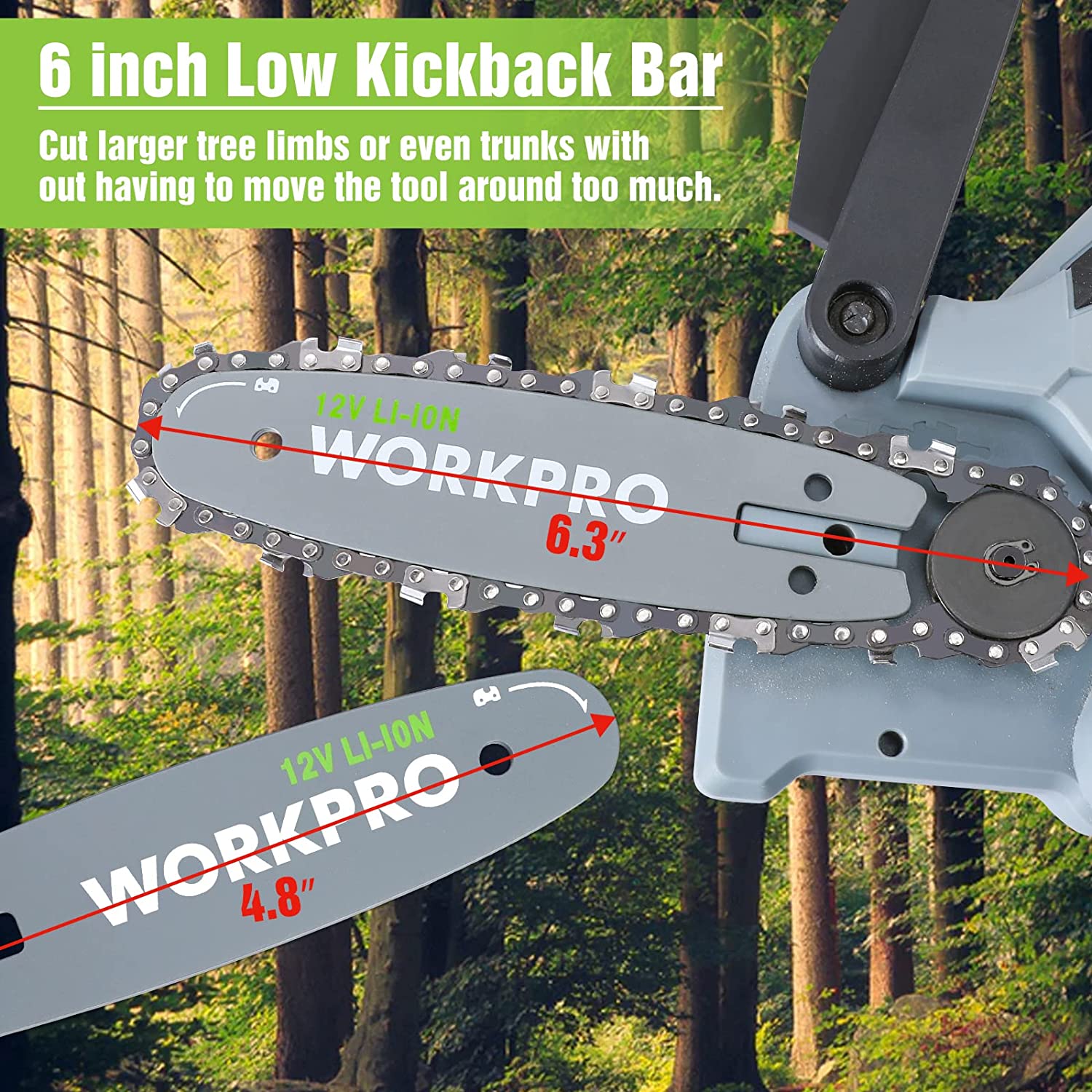 Cordless mini chainsaw bar and chain close-up with green battery pack area