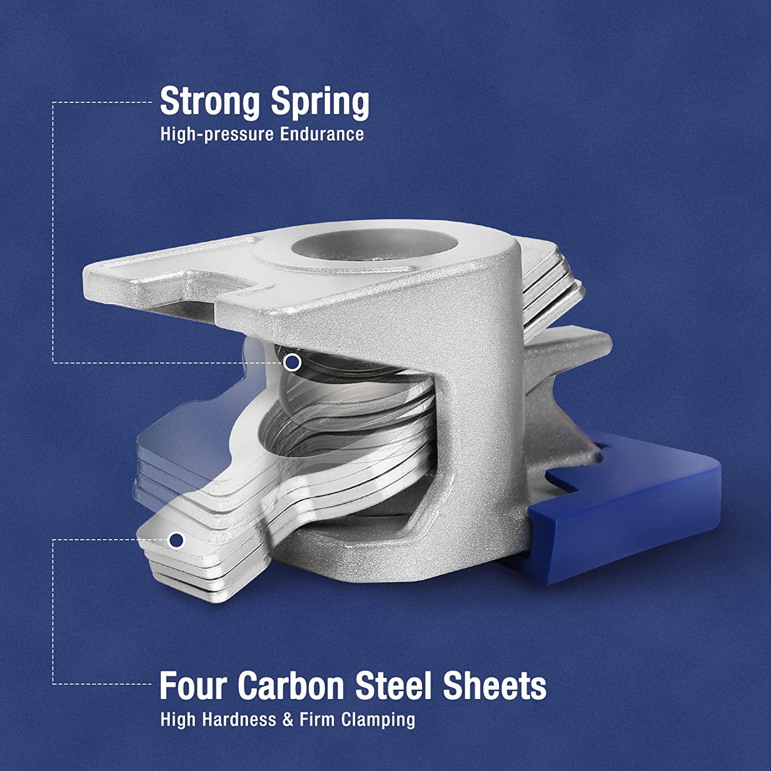 Silver pipe clamp with strong spring mechanism and stacked carbon steel clamping plates