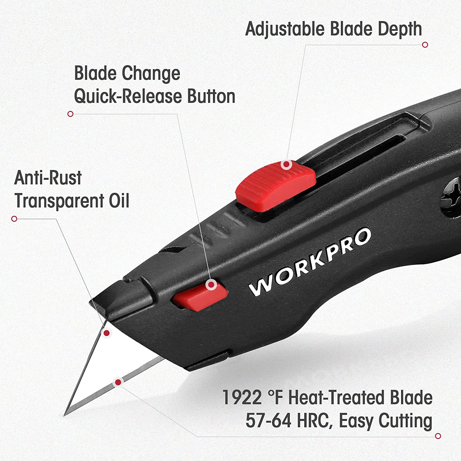 Retractable utility knife with black body and red blade-depth slider