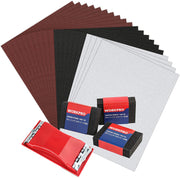 Assorted sandpaper sheets with sanding sponge holder, multiple grits in maroon and black