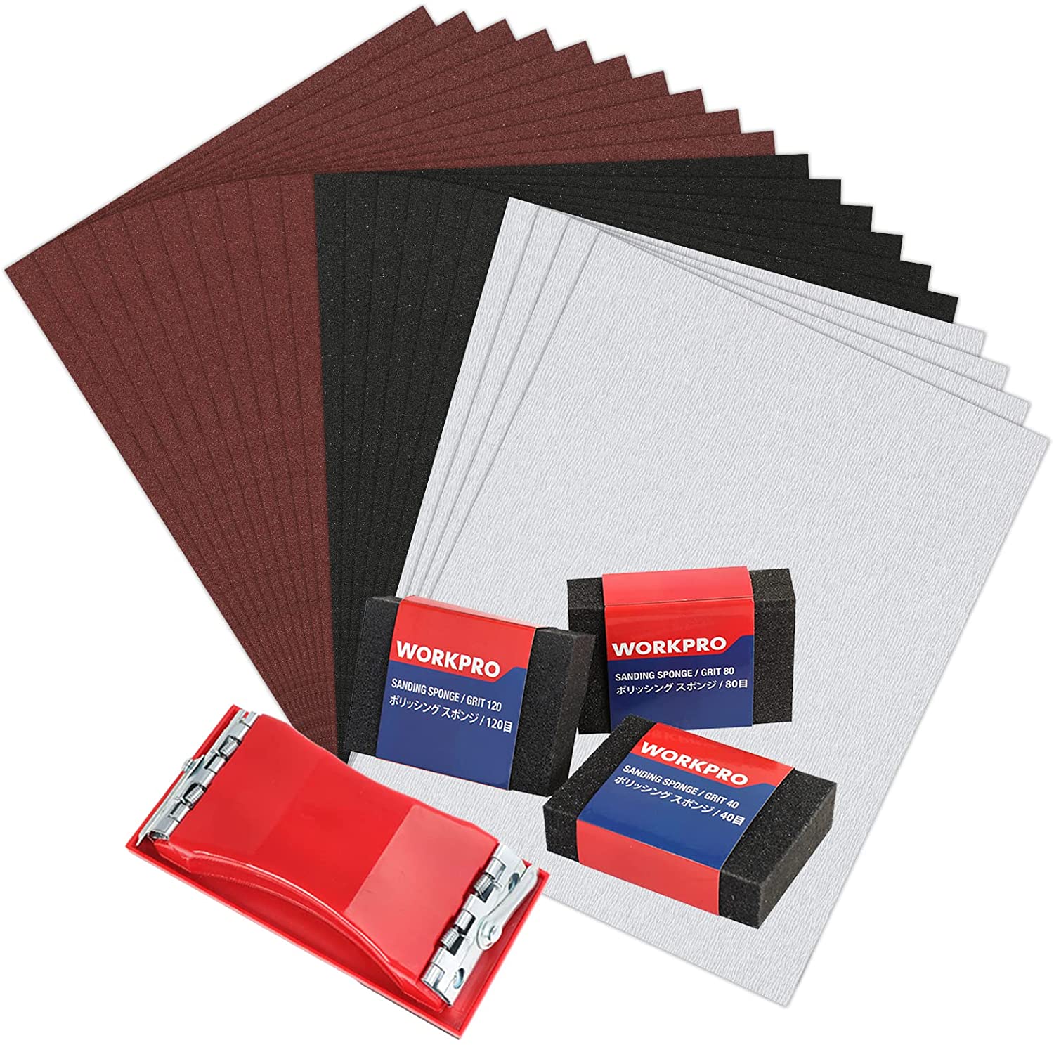 Assorted sandpaper sheets with sanding sponge holder, multiple grits in maroon and black