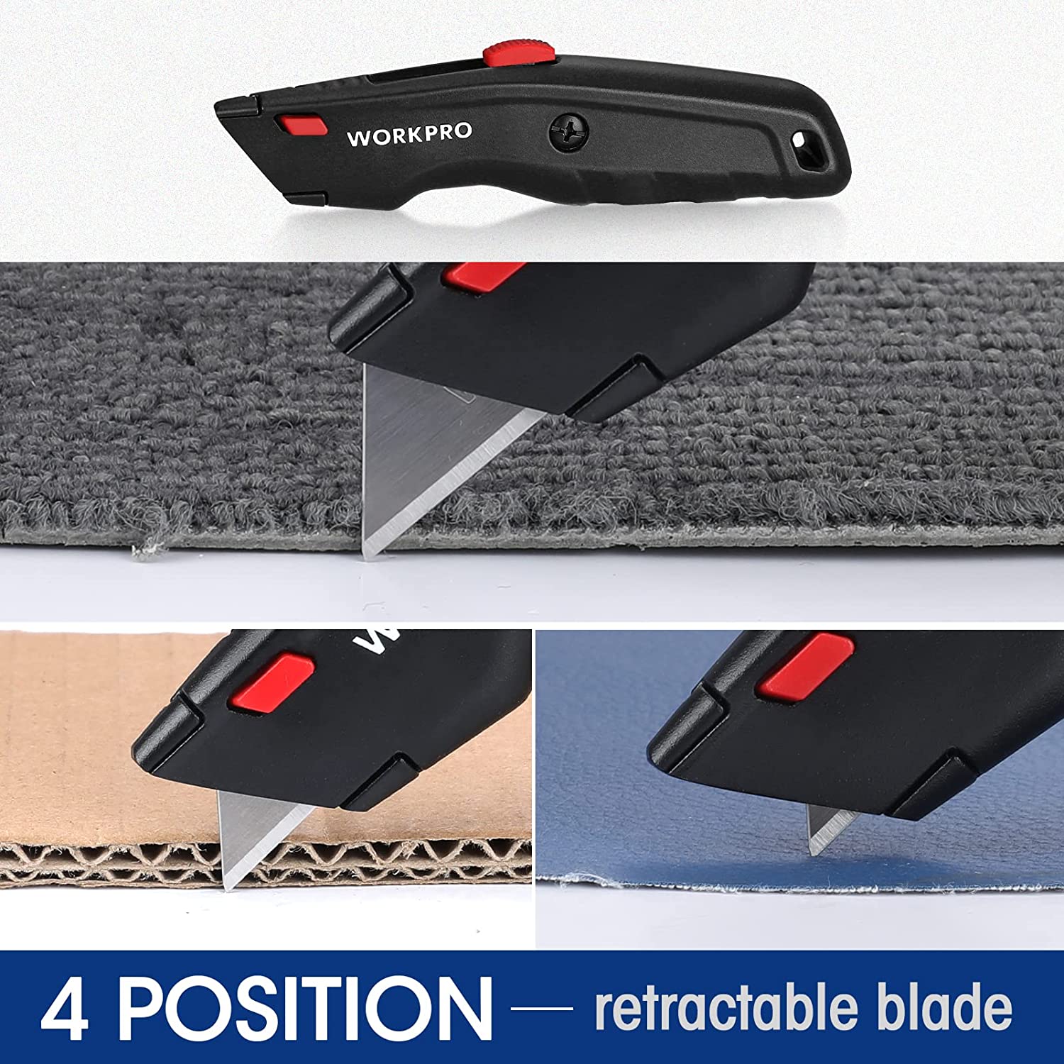 Retractable utility knife with black handle, red accents, and extended cutting blade