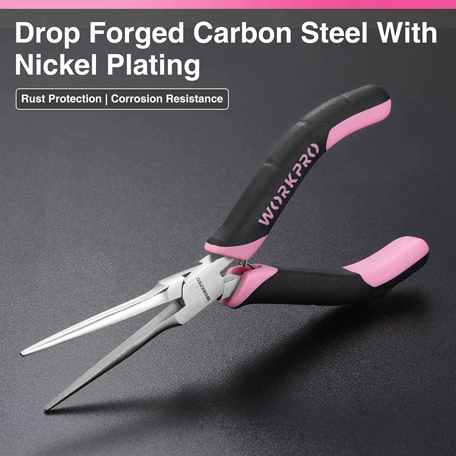 WORKPRO mini needle-nose pliers with pink-and-black handles and pointed jaws