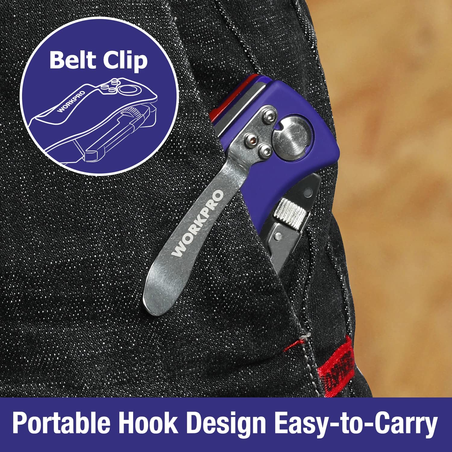 Folding utility knife on belt clip, blue/purple handle with red slider, on dark fabric