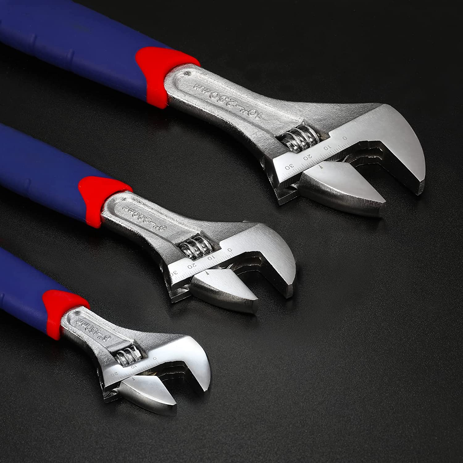 Set of three WORKPRO adjustable wrenches with silver heads, blue handles and red accents
