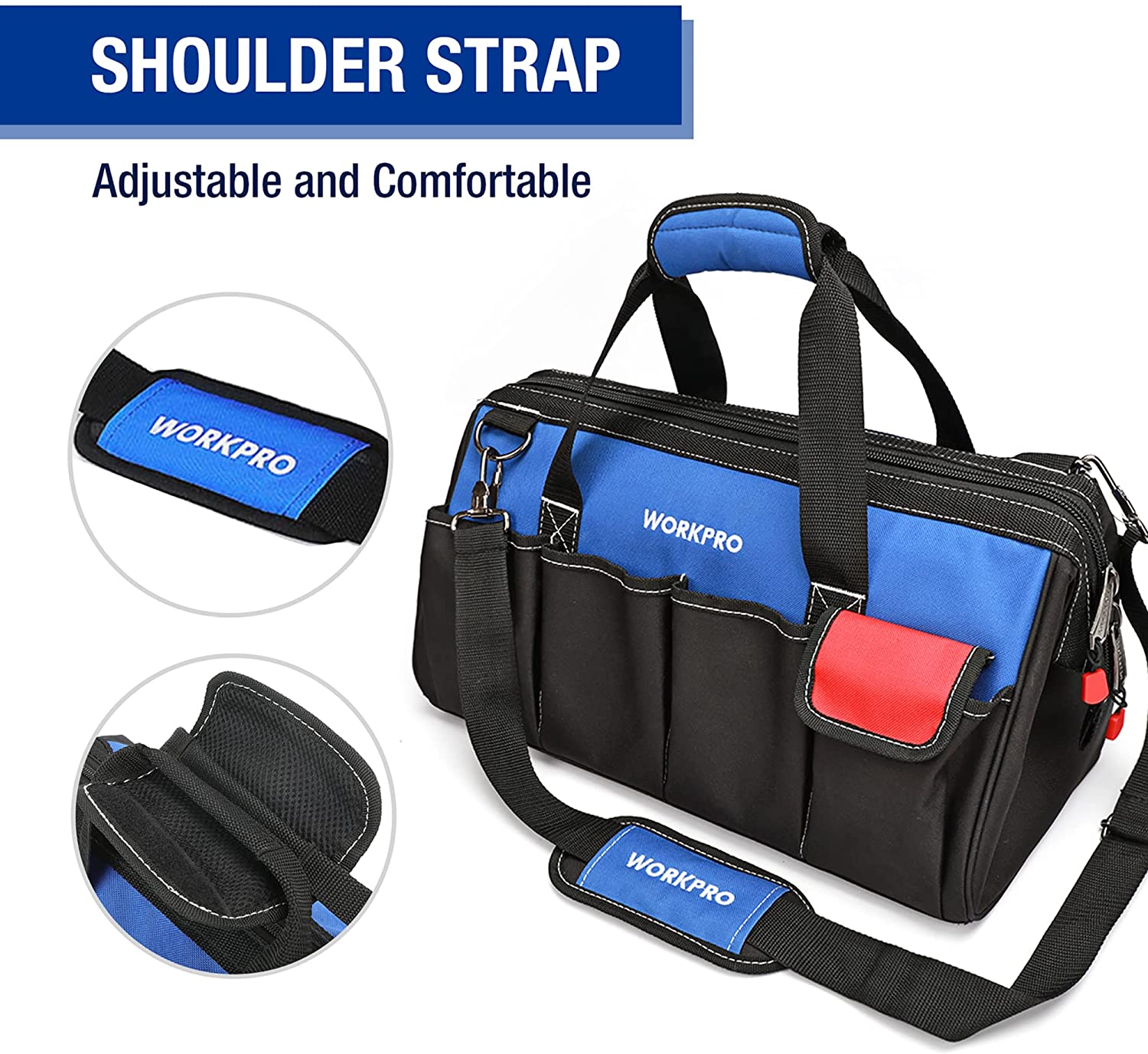 WORKPRO tool bag with adjustable padded shoulder strap and front accessory pockets