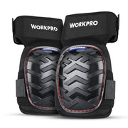 Black gel knee pads with hard shell and WORKPRO logo, with anti-slip straps