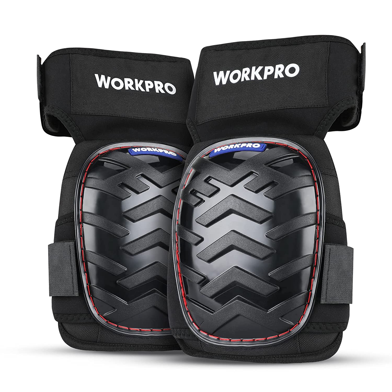 Black gel knee pads with hard shell and WORKPRO logo, with anti-slip straps