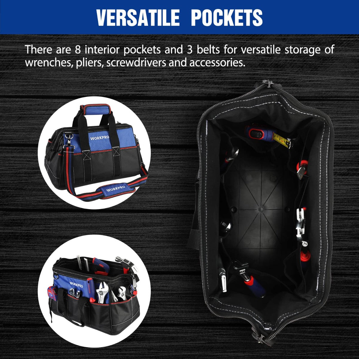 WORKPRO tool bag open interior with pockets and belts, black and blue exterior
